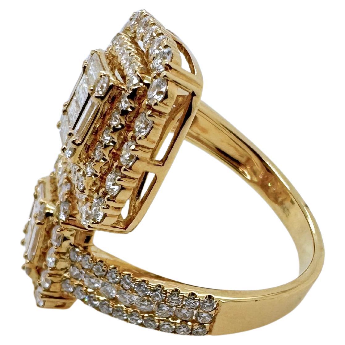 Round Cut 18k Yellow Gold Large Bypass Style Diamond Cocktail Ring For Sale