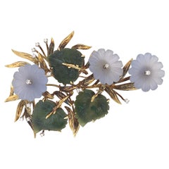 18K Yellow Gold Large Carved Chalcedony Flower and Jade Leaf Pin