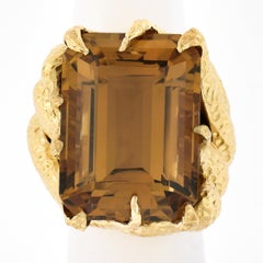 18K Yellow Gold Large Emerald Cut Citrine Hammered Finish Cocktail Ring