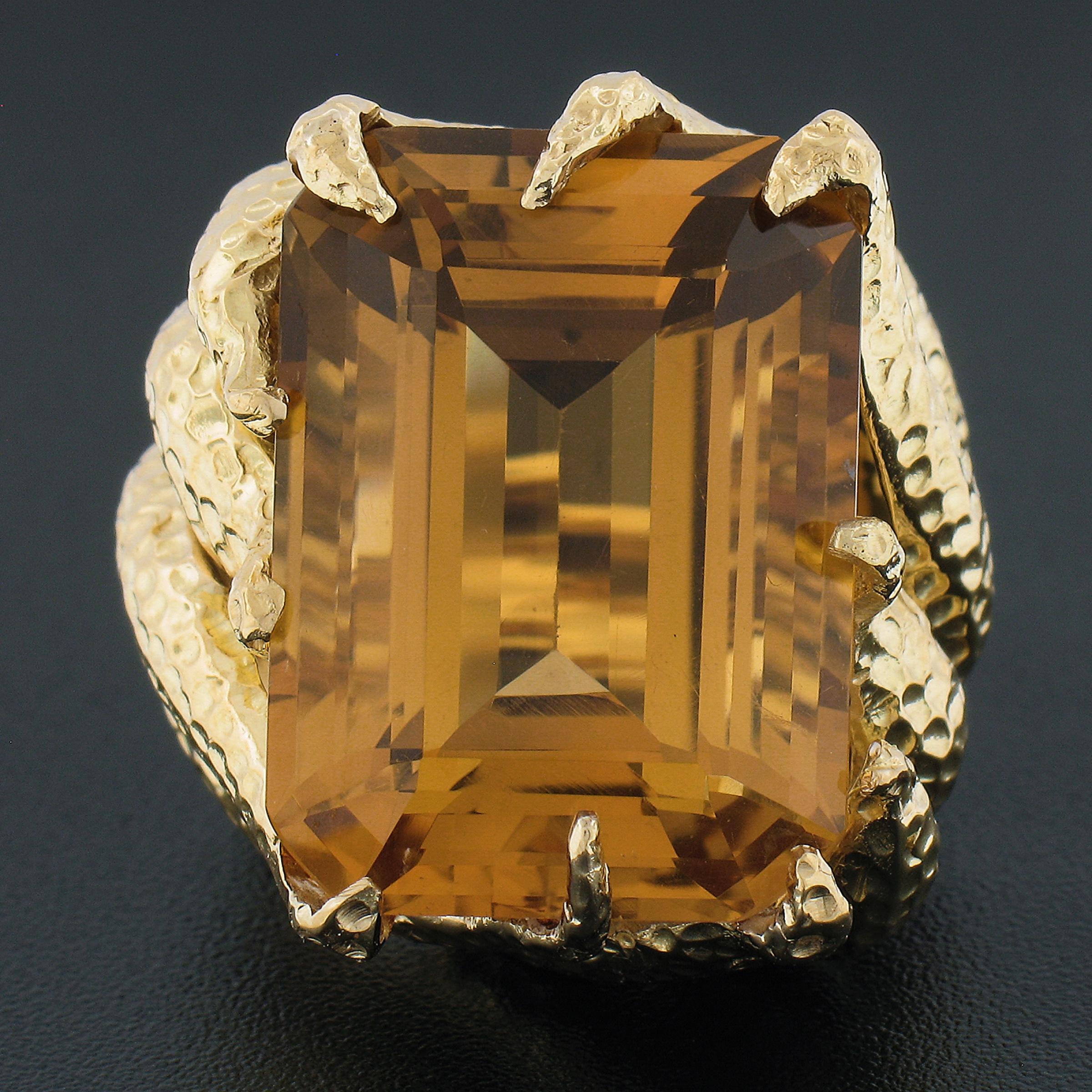 18K Yellow Gold Large Emerald Cut Citrine Hammered Finish Cocktail Ring In Excellent Condition For Sale In Montclair, NJ