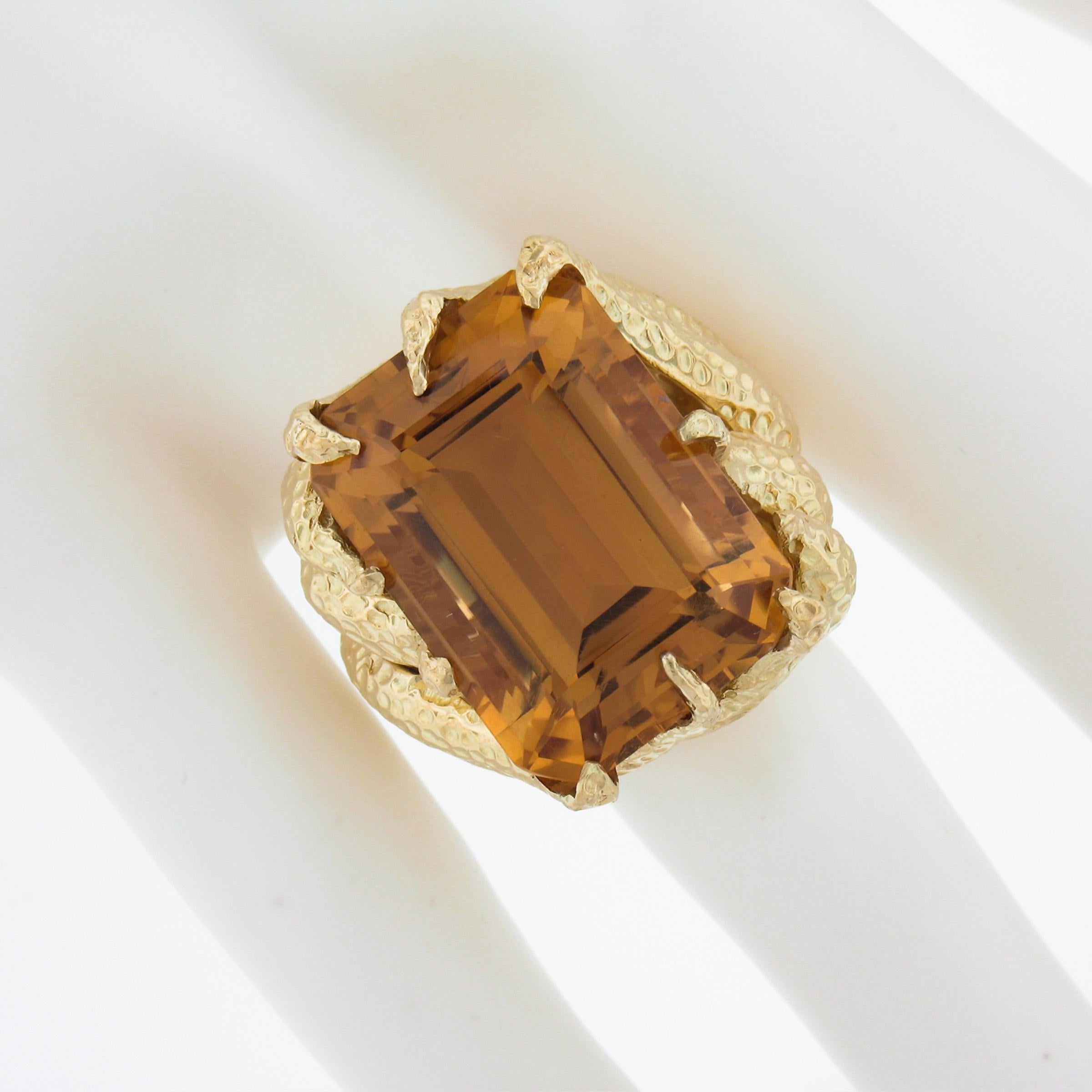 Women's or Men's 18K Yellow Gold Large Emerald Cut Citrine Hammered Finish Cocktail Ring For Sale