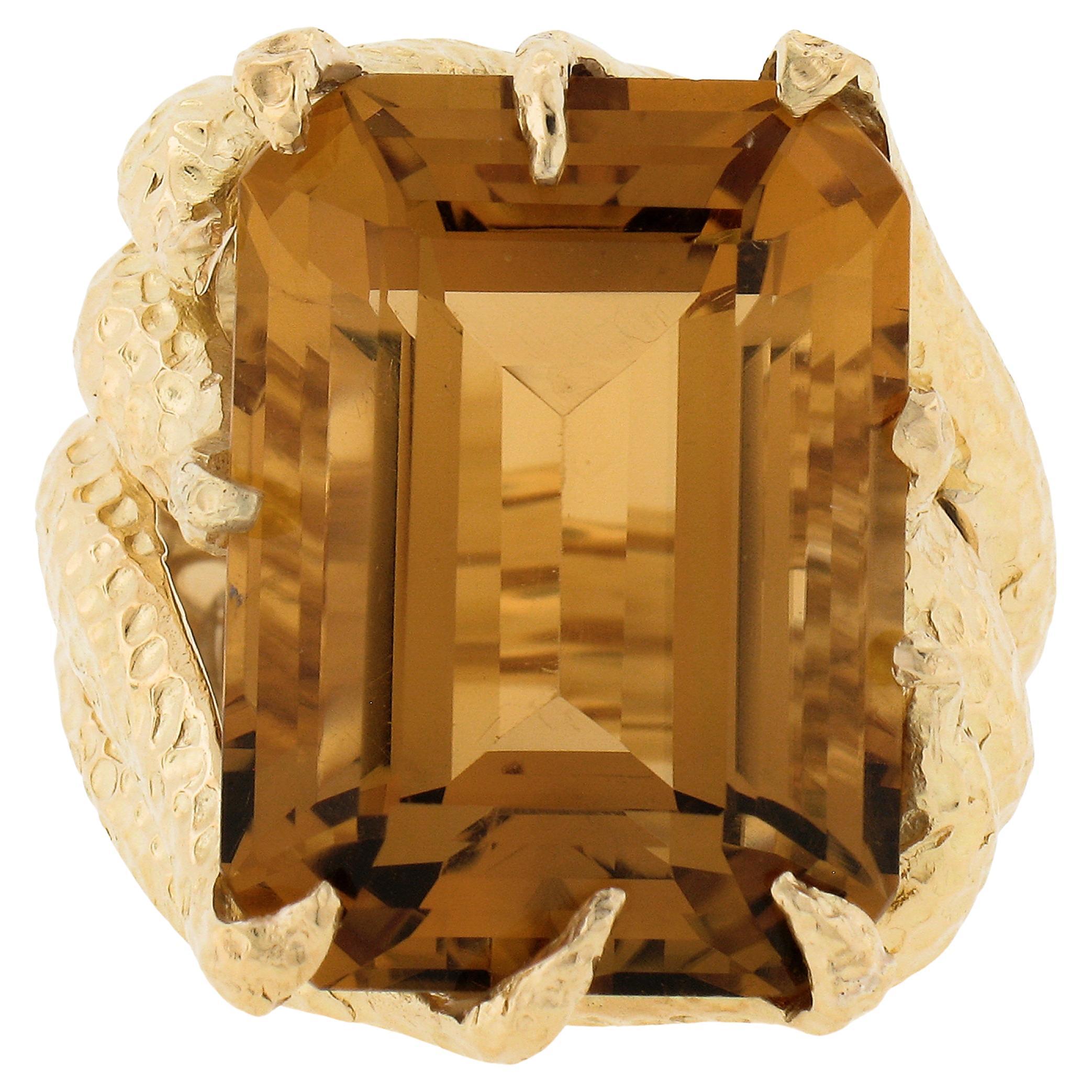 18K Yellow Gold Large Emerald Cut Citrine Hammered Finish Cocktail Ring For Sale