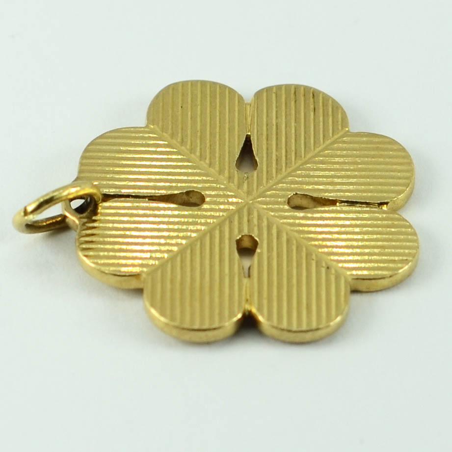 18 Karat Gold Large Engraved Four Leaved Clover or Shamrock Charm Pendant 1