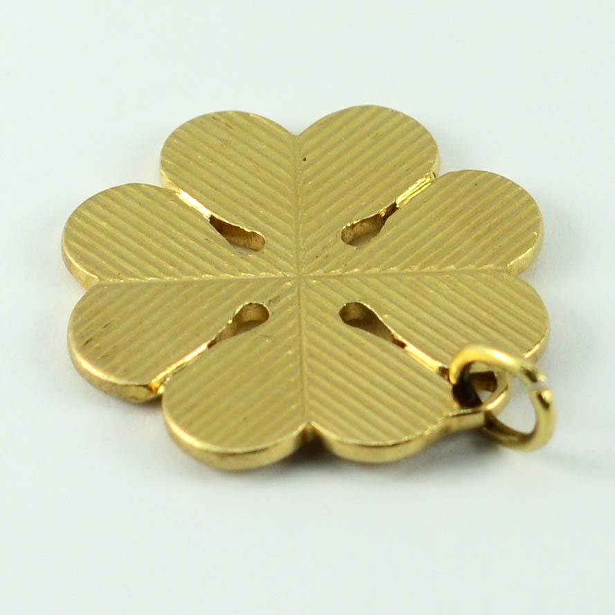 18 Karat Gold Large Engraved Four Leaved Clover or Shamrock Charm Pendant 4