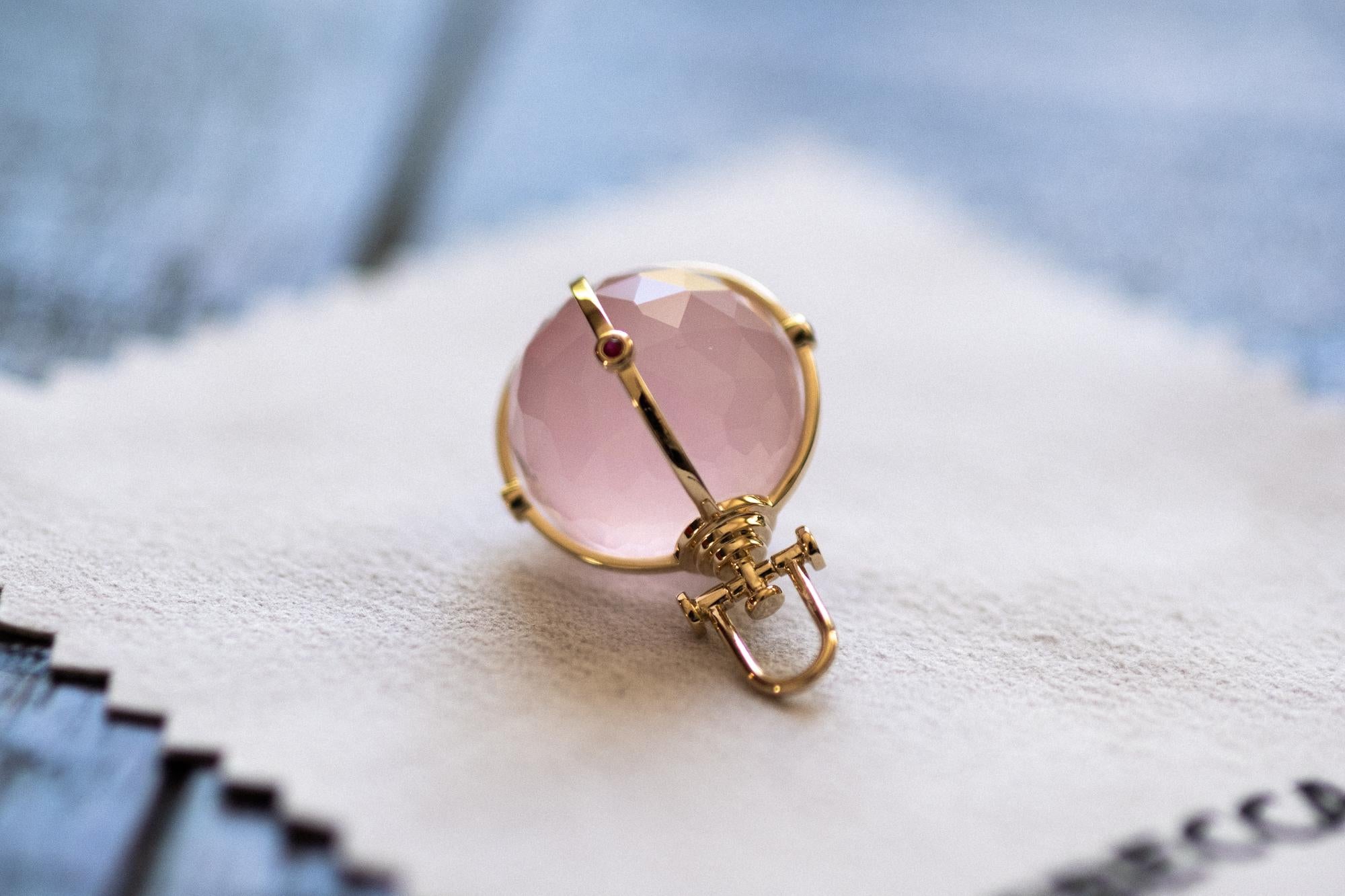Talisman Pendant :
18K Yellow Gold
Main Gemstone: Faceted Rose Quartz
Accent Gemstone: Ruby
Pendant Size: 19 mm W * 19 mm D * 20 mm H
Gemstone Size:  16 mm W * 16 mm D * 16 mm H
Each piece is handcrafted by master artisan, infused with love.