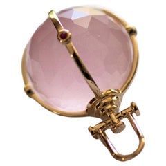18k Yellow Gold, Large Faceted Crystal Orb Talisman Pendant w/ Rose Quartz Ruby