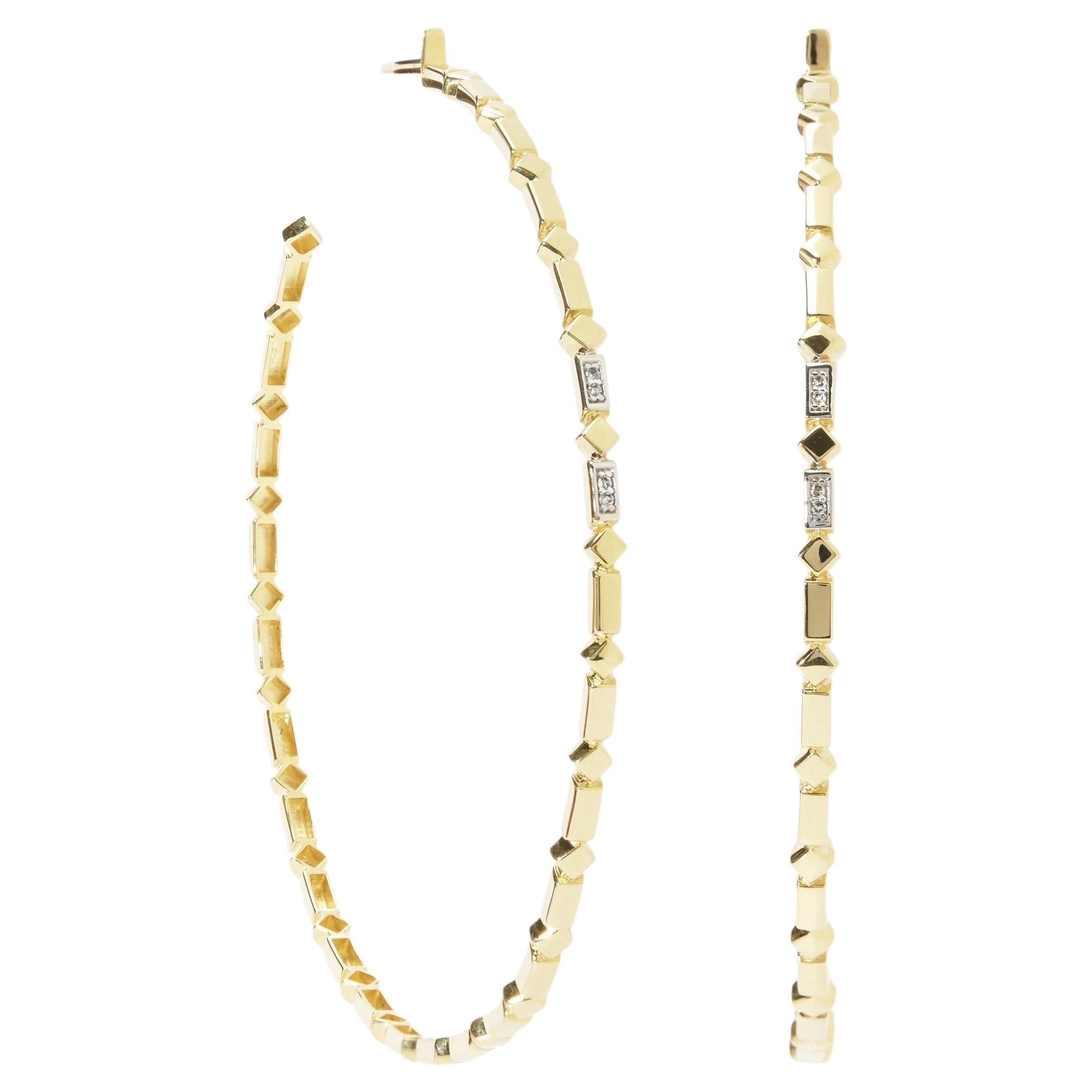 18K Yellow Gold Large Geometric Hoop Earrings with Diamond Accents