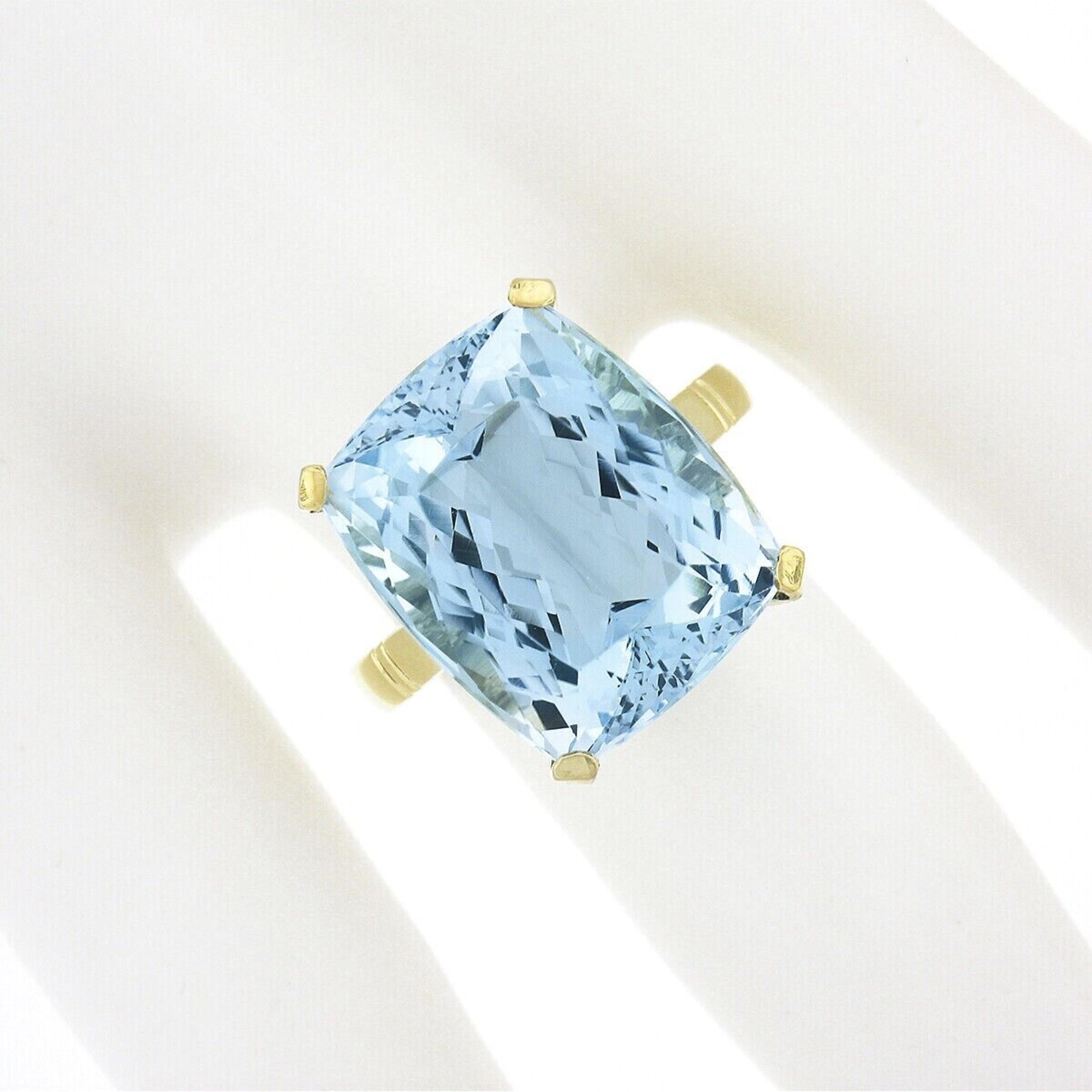 Cushion Cut 18k Yellow Gold Large GIA Rectangular Cushion Aquamarine Solitaire Cocktail Ring For Sale