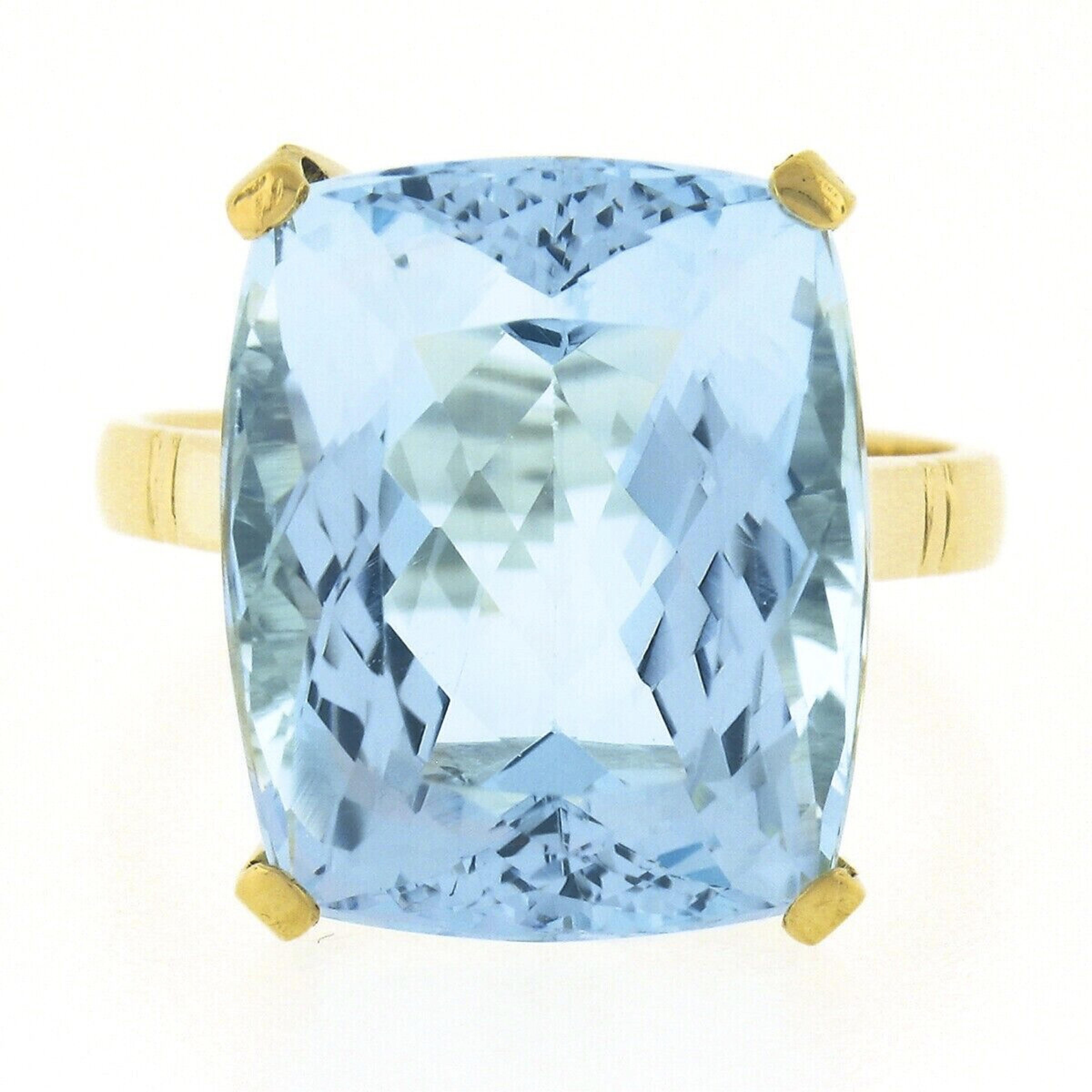 18k Yellow Gold Large GIA Rectangular Cushion Aquamarine Solitaire Cocktail Ring In Excellent Condition For Sale In Montclair, NJ