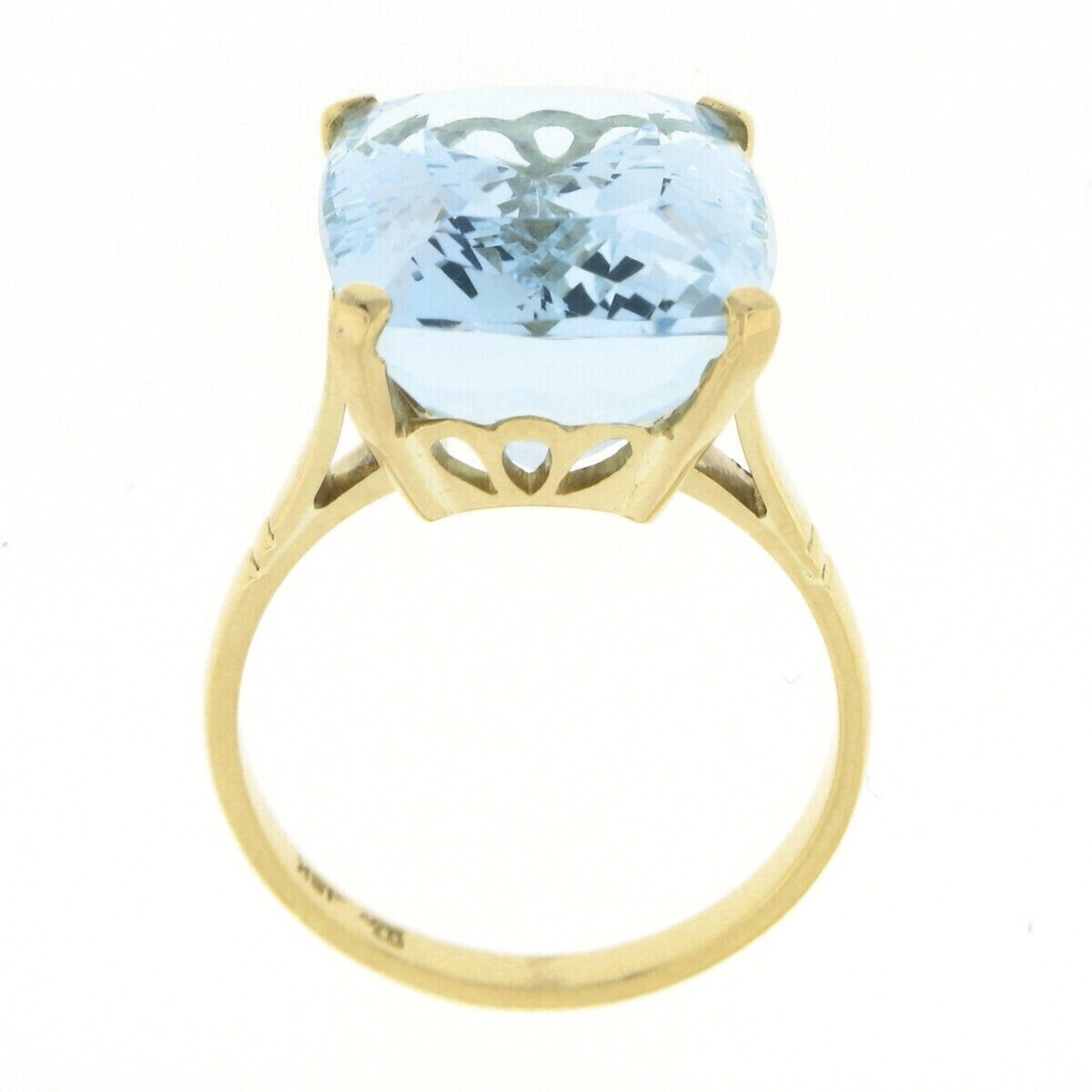 18k Yellow Gold Large GIA Rectangular Cushion Aquamarine Solitaire Cocktail Ring For Sale 3