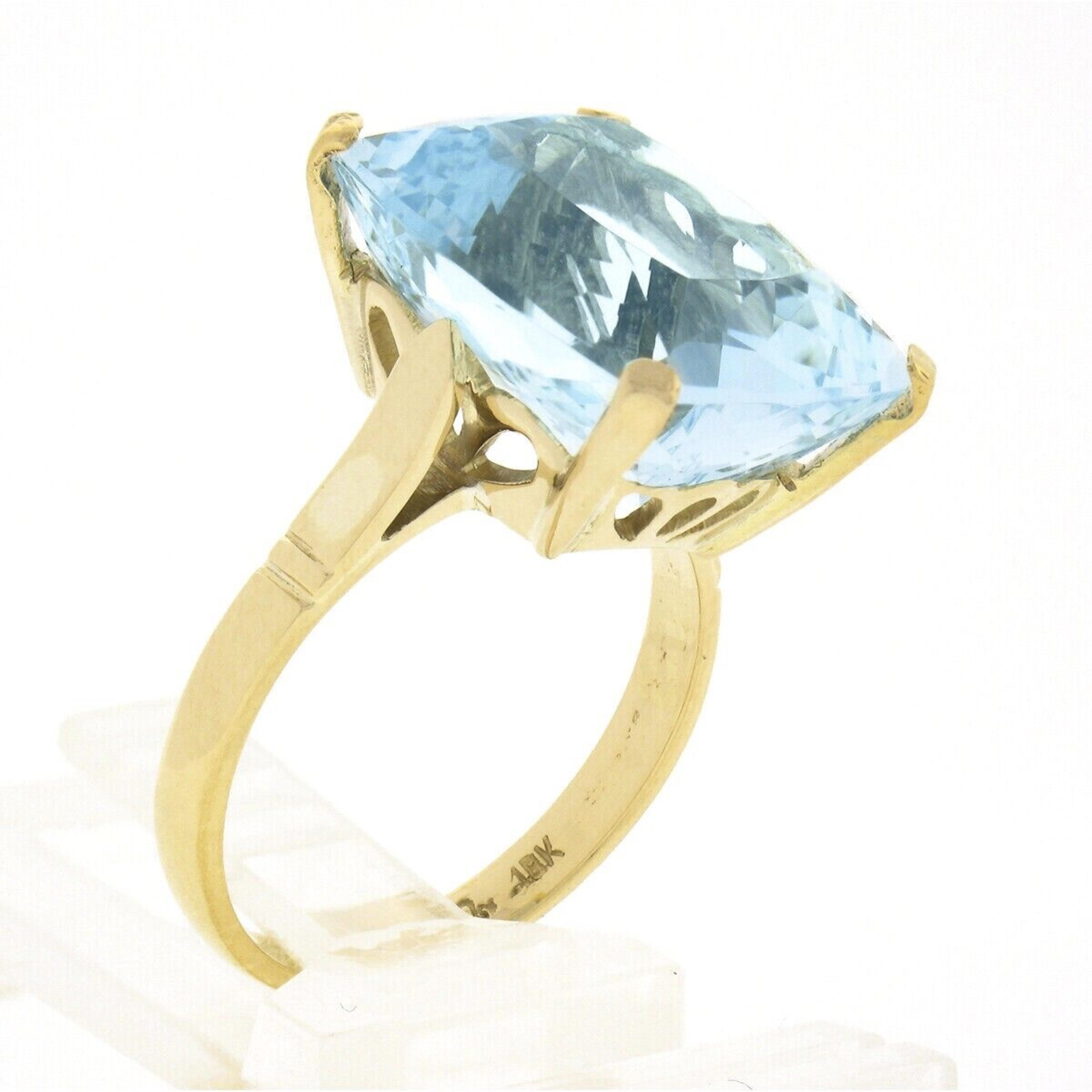 18k Yellow Gold Large GIA Rectangular Cushion Aquamarine Solitaire Cocktail Ring For Sale 4