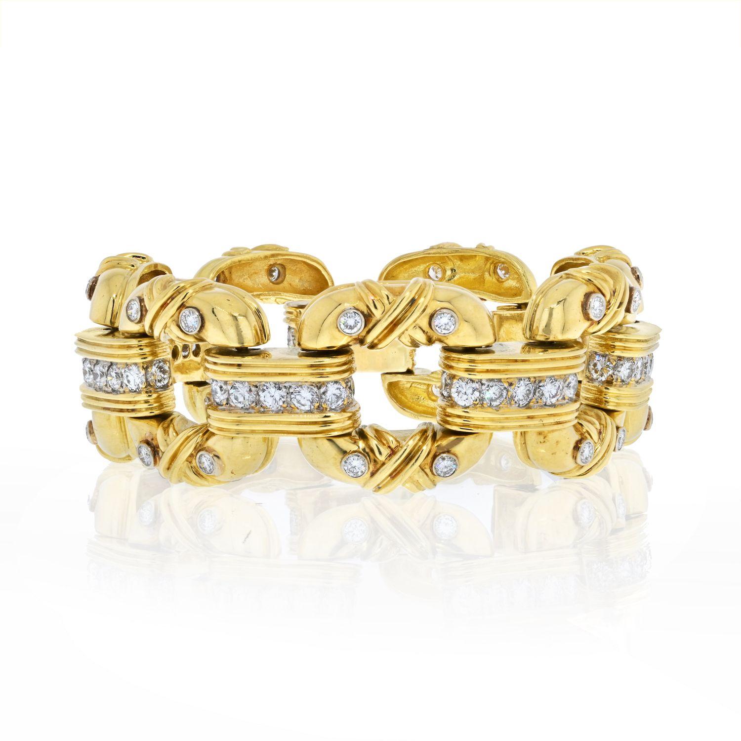 Modern 18K Yellow Gold Large Heavy Open Link Diamond Bracelet