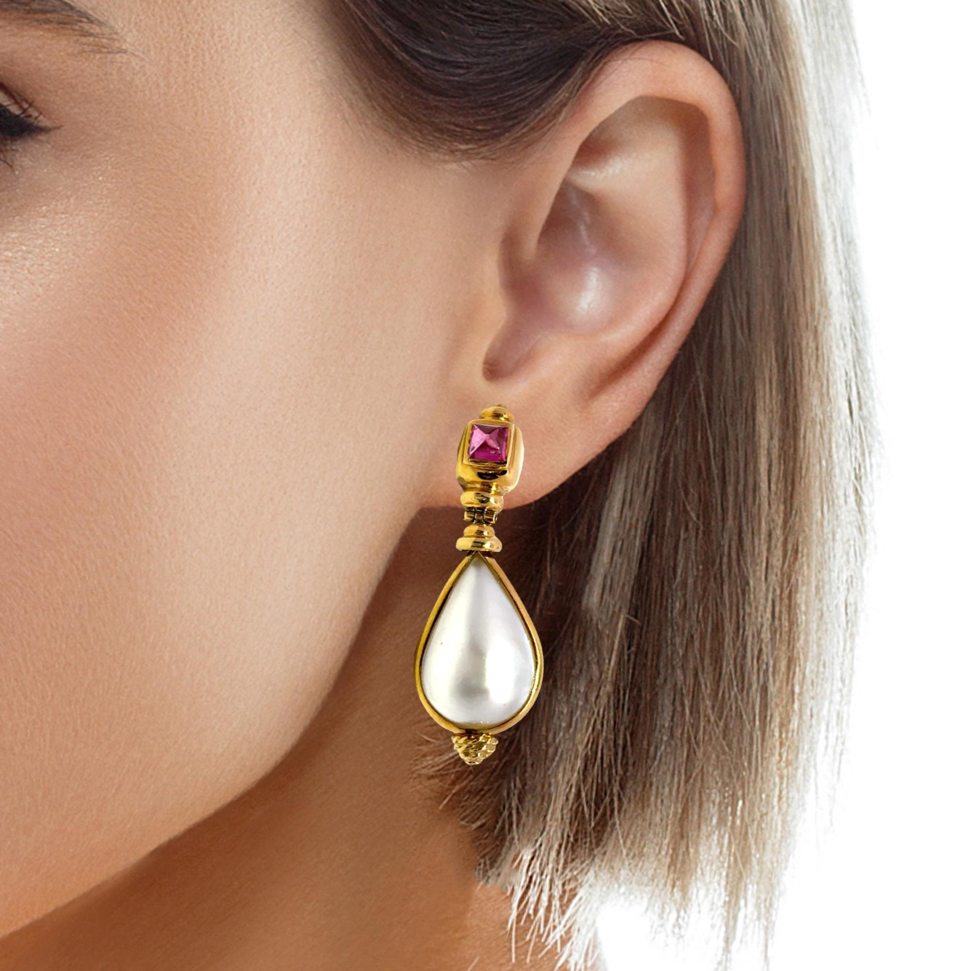 oro amarillo de 18 quilates  Pendientes colgantes grandes de perla y turmalina Mabe en venta 1