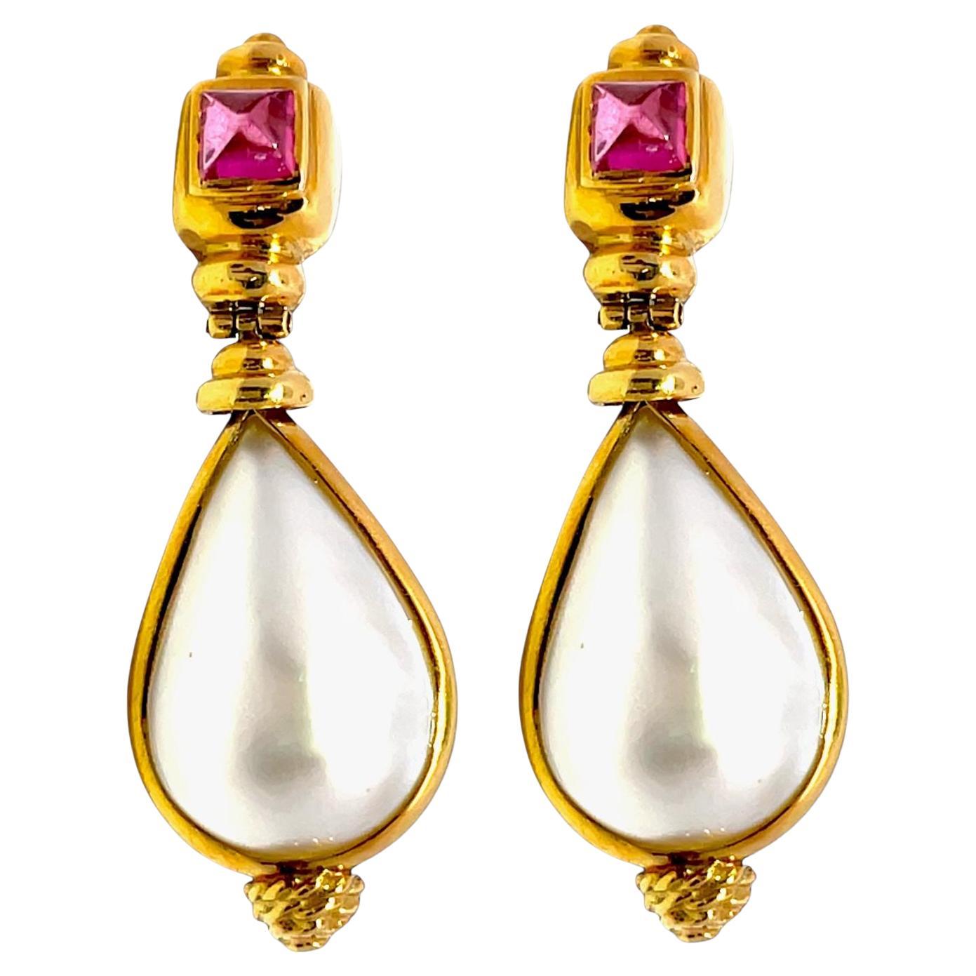 18k Yellow Gold  Large Mabe Pearl & Tourmaline Dangle Earrings