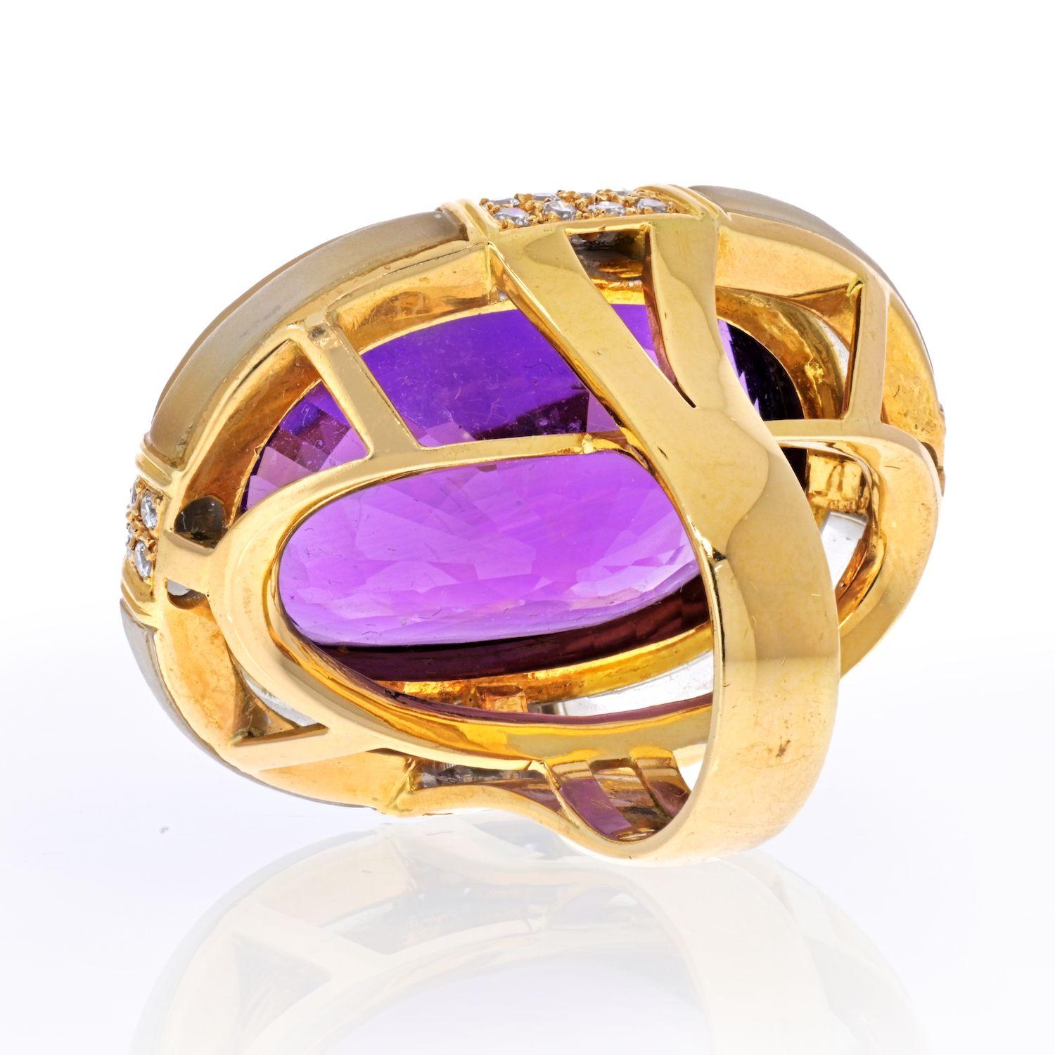 Oval Cut 18K Yellow Gold Large Oval Amethyst and Rock Crystal Estate Diamond Ring For Sale