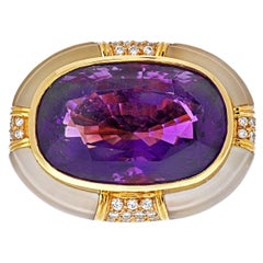 18K Yellow Gold Large Oval Amethyst and Rock Crystal Estate Diamond Ring