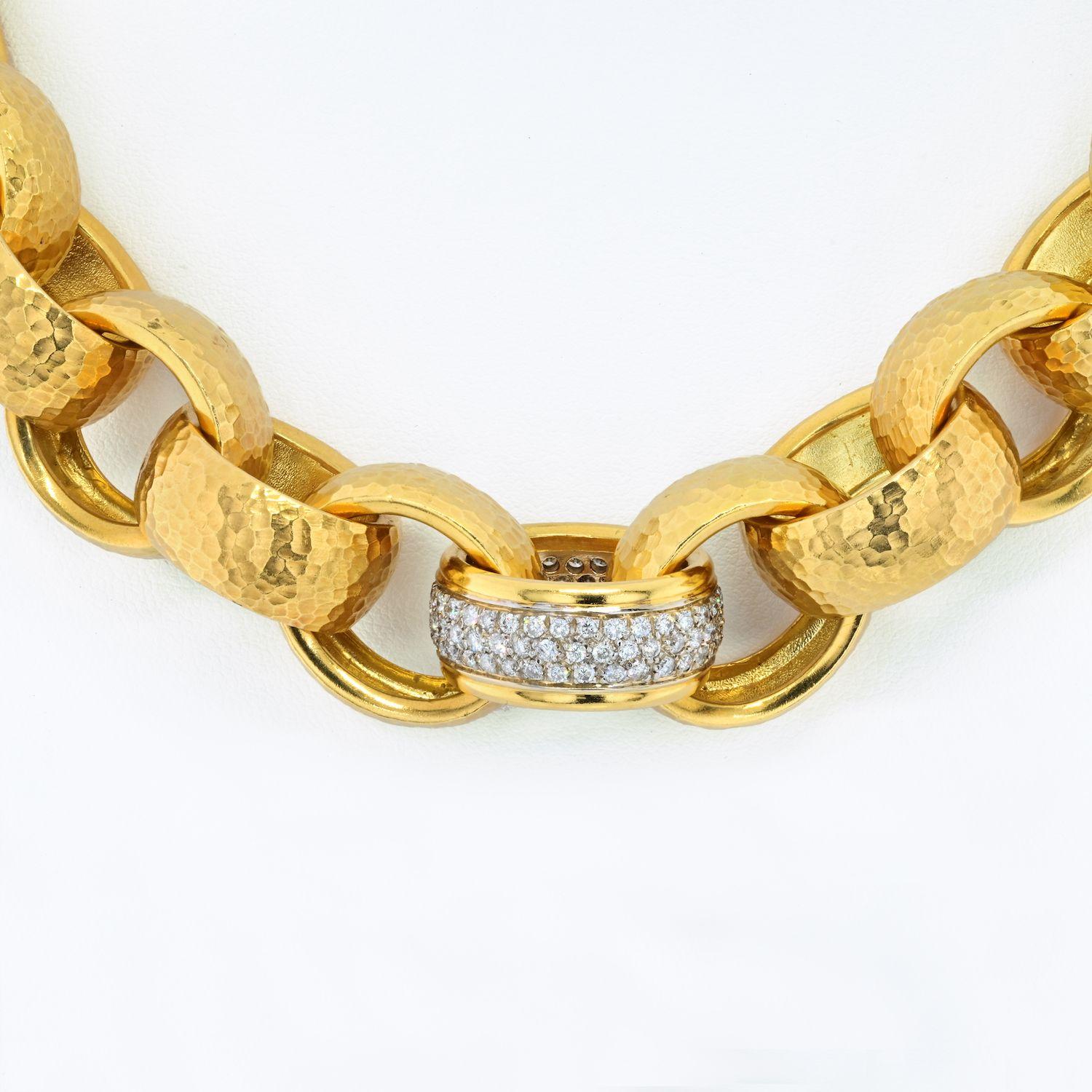 This is a bold 18K Yellow Gold Large Oversized Link Chain Necklace. Fabolous to wear over or under your favorite blouse. We are certain you will stop traffic and start a conersation with this hefty necklace on. 
It lays right on the collar bone