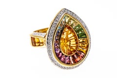 18k Yellow Gold Large Pear Shaped Multi Stone and Diamond Rainbow Ring