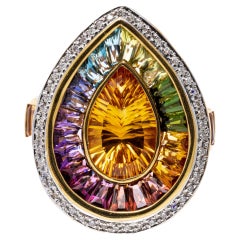 18k Yellow Gold Large Pear Shaped Multi Stone and Diamond Rainbow Ring