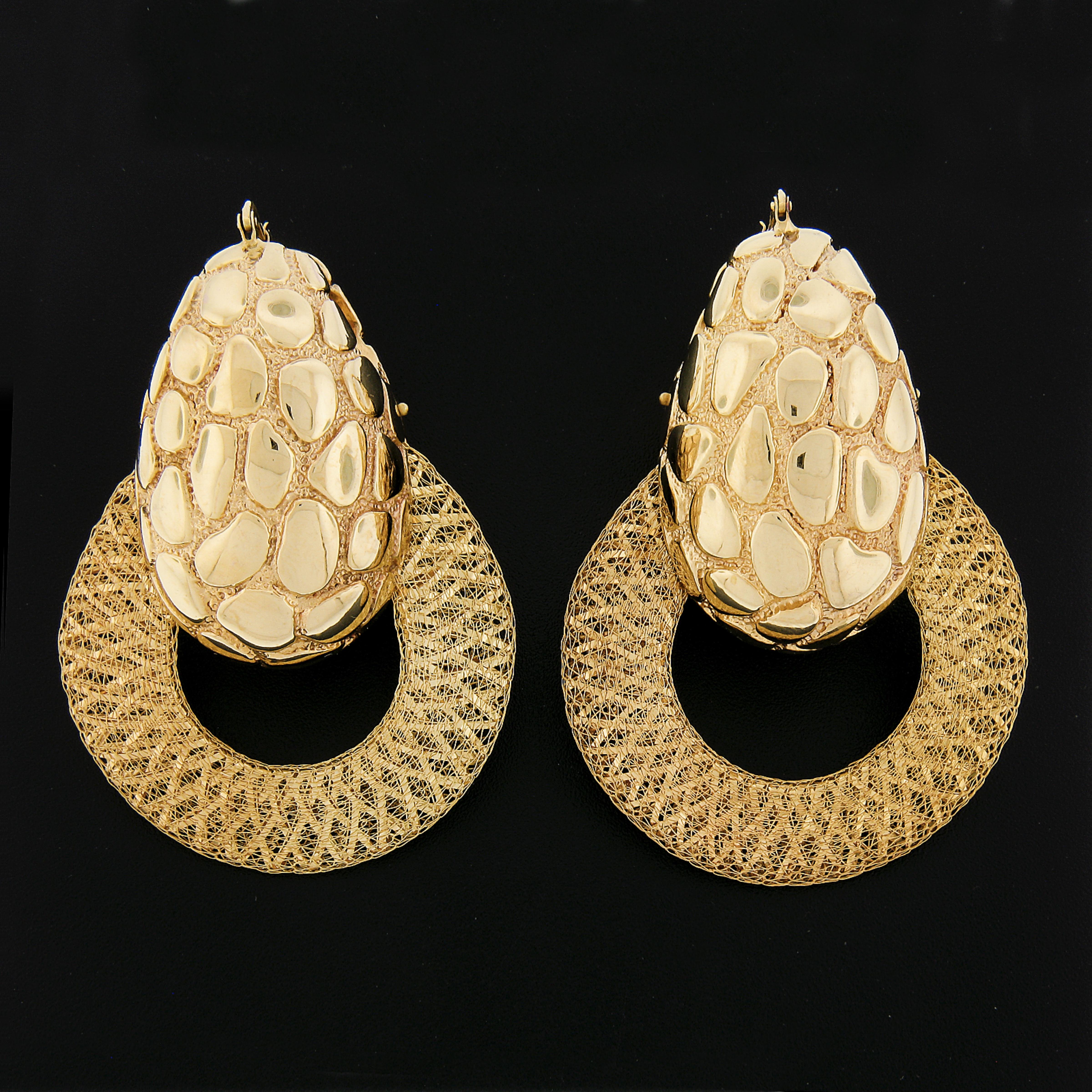 18K Yellow Gold Large Puffed Electroform w/ Woven Mesh Ring Dangle Snap Earrings In Excellent Condition For Sale In Montclair, NJ