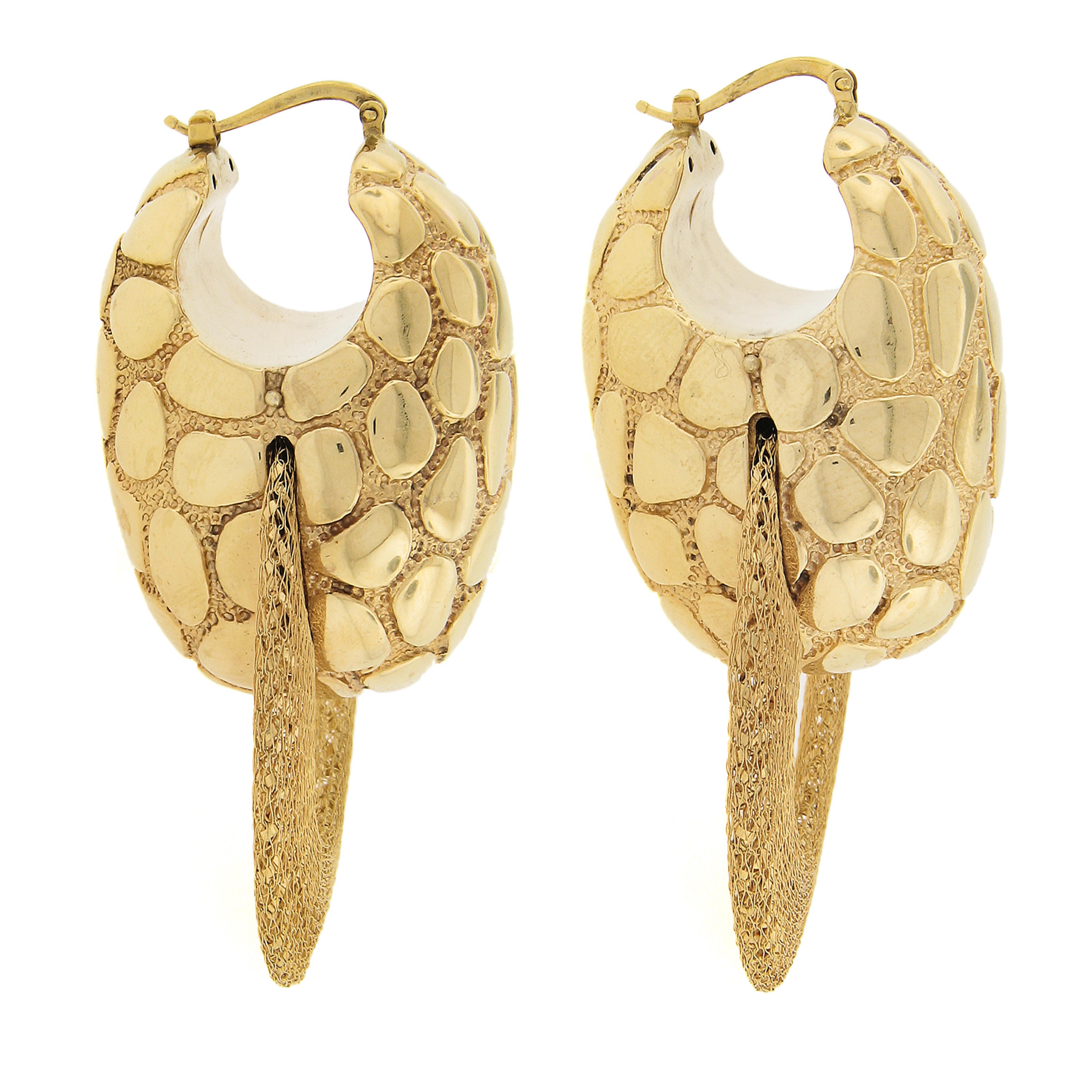 Women's 18K Yellow Gold Large Puffed Electroform w/ Woven Mesh Ring Dangle Snap Earrings For Sale