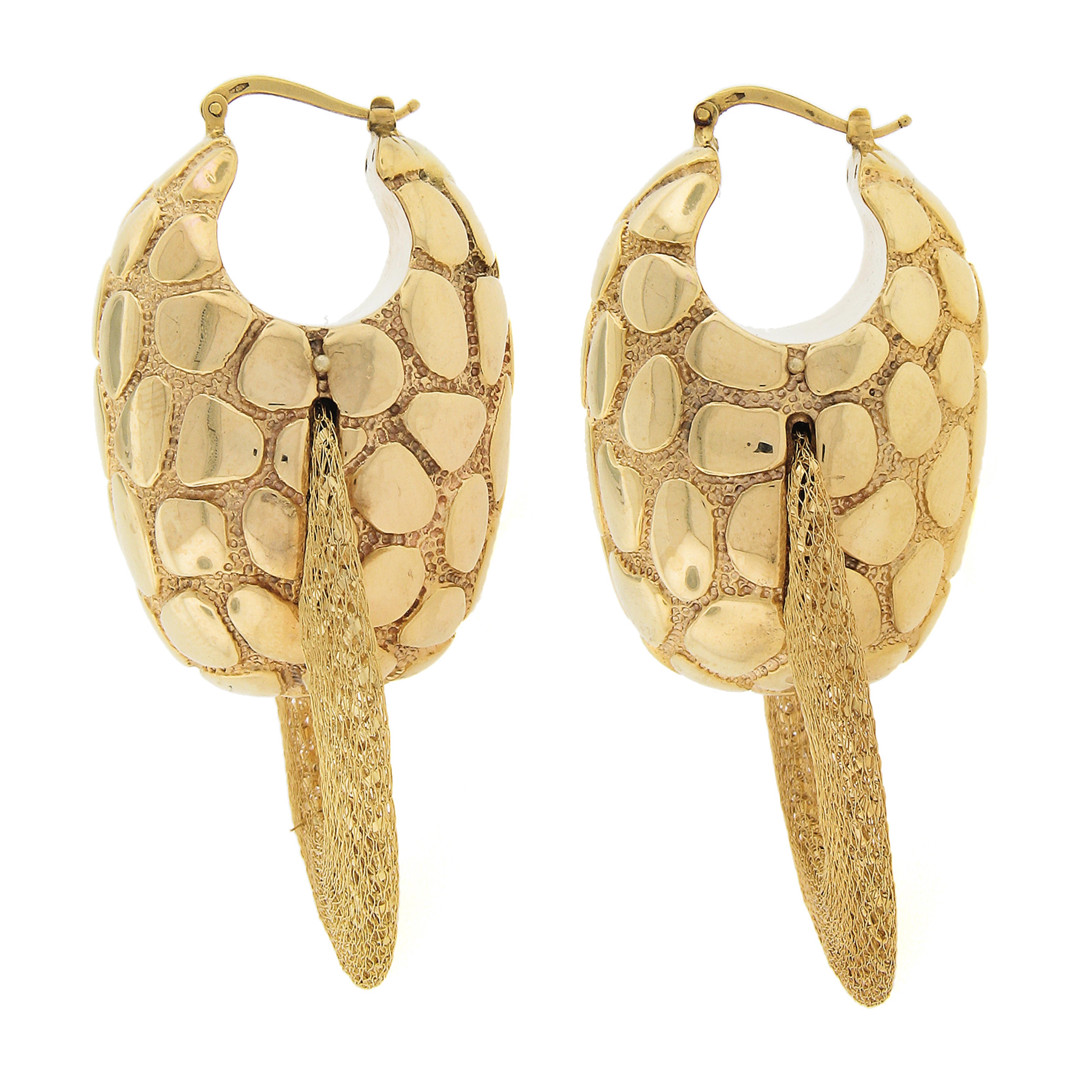 18K Yellow Gold Large Puffed Electroform w/ Woven Mesh Ring Dangle Snap Earrings For Sale 1