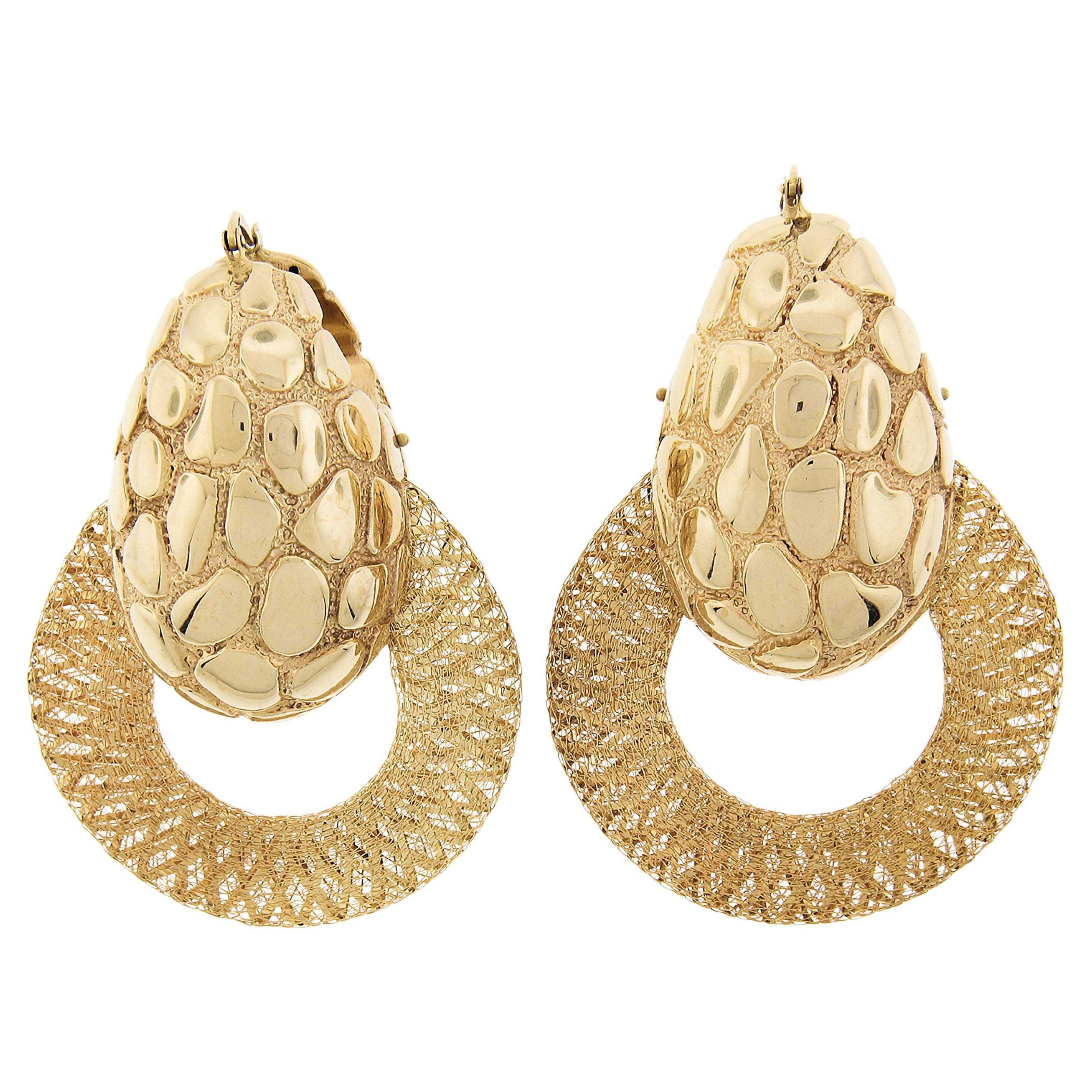 18K Yellow Gold Large Puffed Electroform w/ Woven Mesh Ring Dangle Snap Earrings For Sale