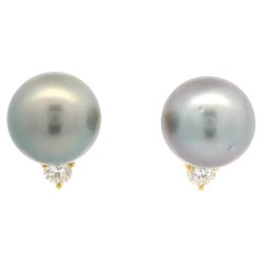 18k Yellow Gold Large Tahitian Gray Pearl w/ 0.30ctw Diamond Stud Earrings