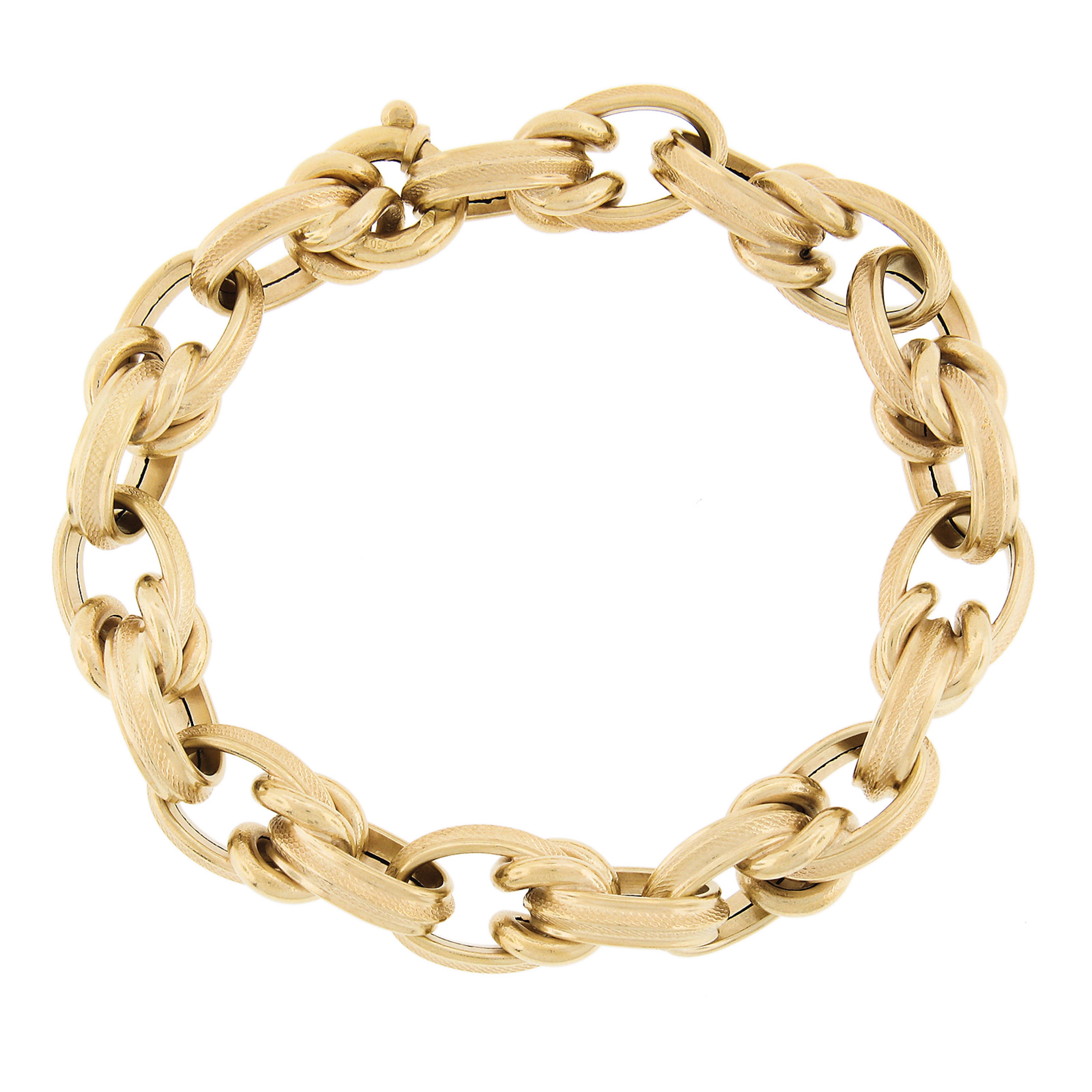 Women's or Men's 18K Yellow Gold Large Textured Finish Puffed Design Open Oval Link Bracelet For Sale