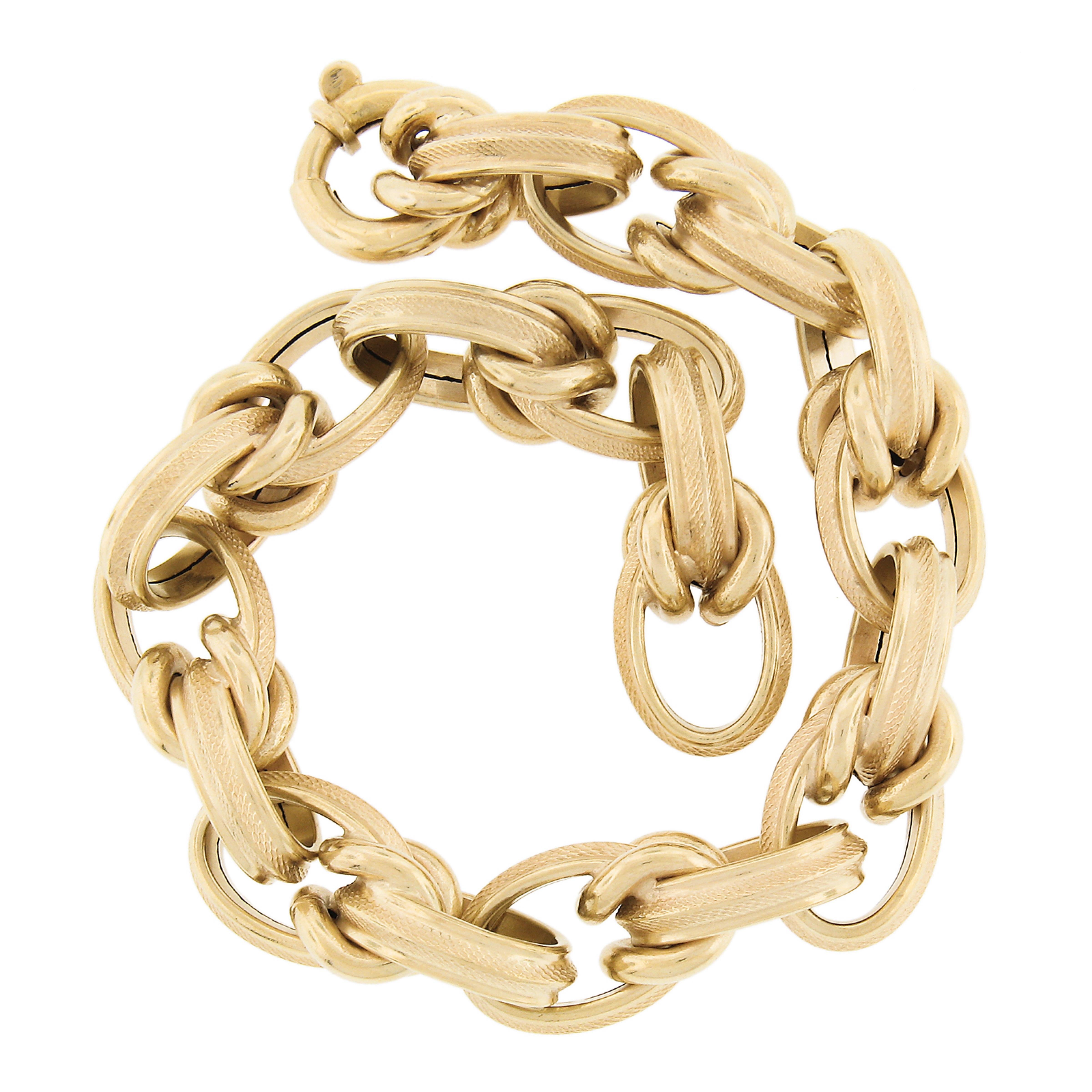 18K Yellow Gold Large Textured Finish Puffed Design Open Oval Link Bracelet For Sale 1