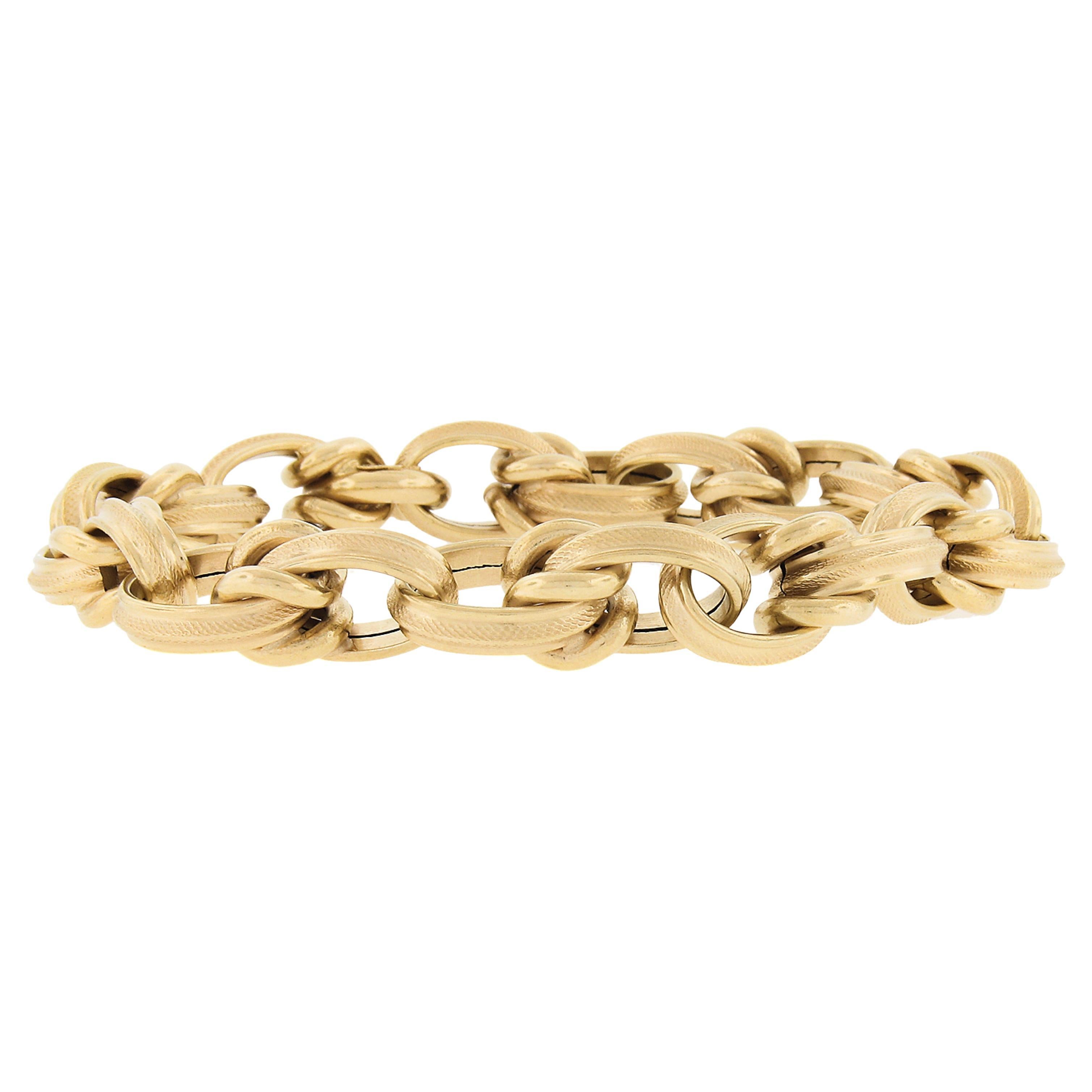 18K Yellow Gold Large Textured Finish Puffed Design Open Oval Link Bracelet For Sale