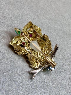18K Yellow Gold Large Warm Diamond Emerald Ruby Owl Pin Pendant 3.60ctw