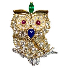 18K Yellow Gold Large Warm Diamond Emerald Ruby Owl Pin Pendant 3.60ctw