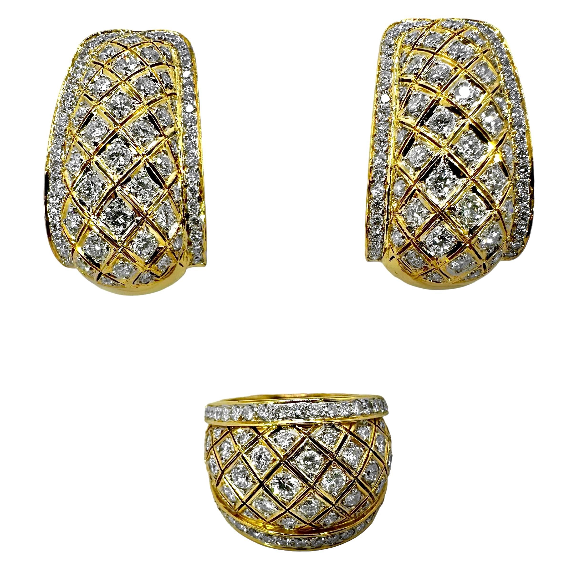 18 Karat Gelbgold J Creolen mit Gitterdesign und Diamanten besetzt 4