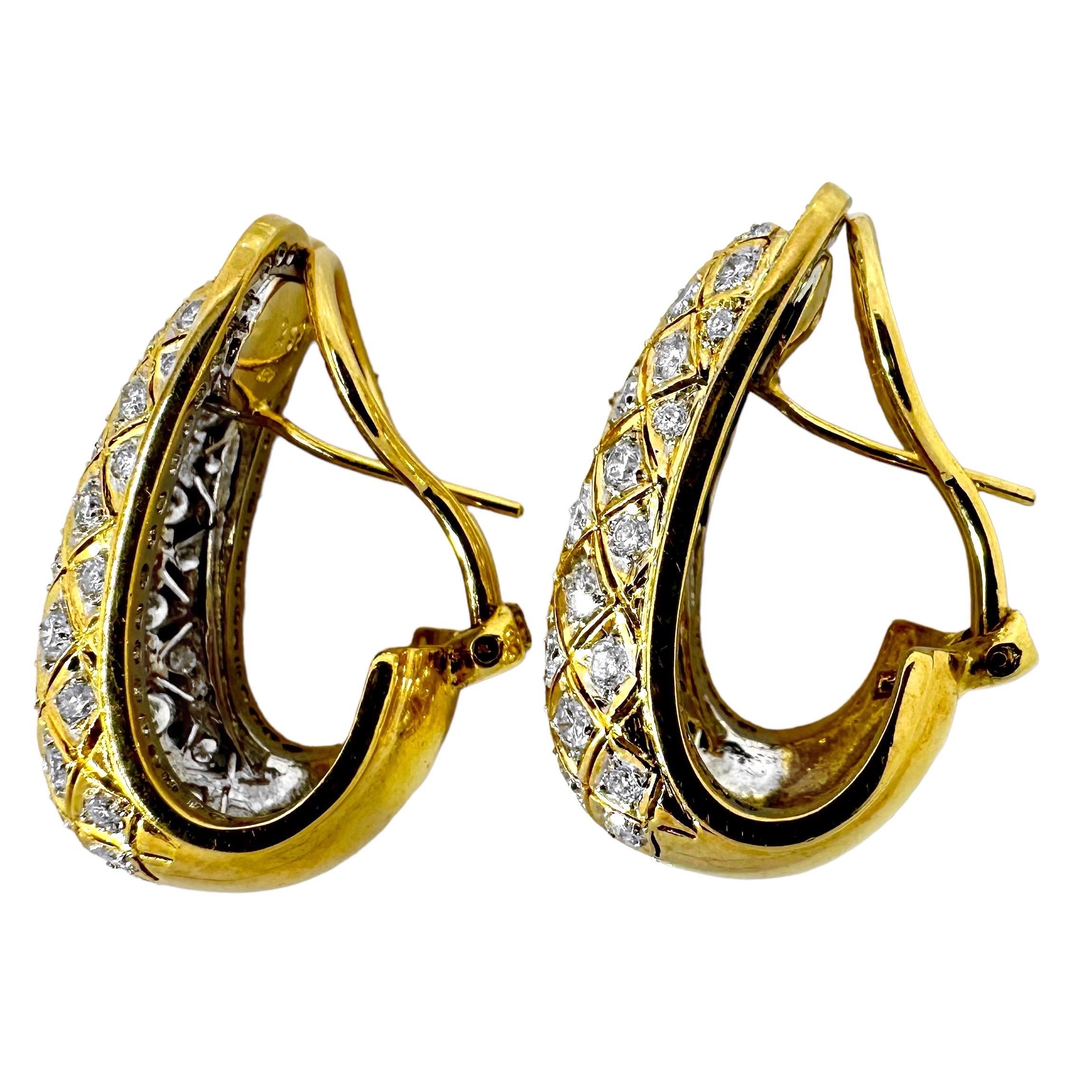 18 Karat Gelbgold J Creolen mit Gitterdesign und Diamanten besetzt (Moderne)