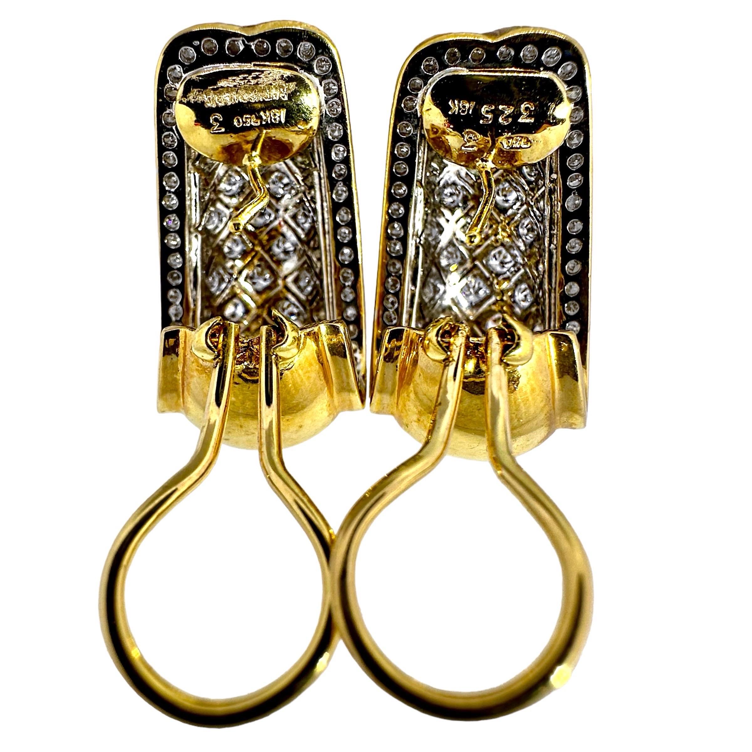 18 Karat Gelbgold J Creolen mit Gitterdesign und Diamanten besetzt (Brillantschliff)