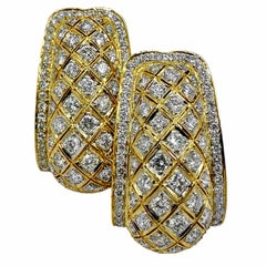 18 Karat Gelbgold J Creolen mit Gitterdesign und Diamanten besetzt