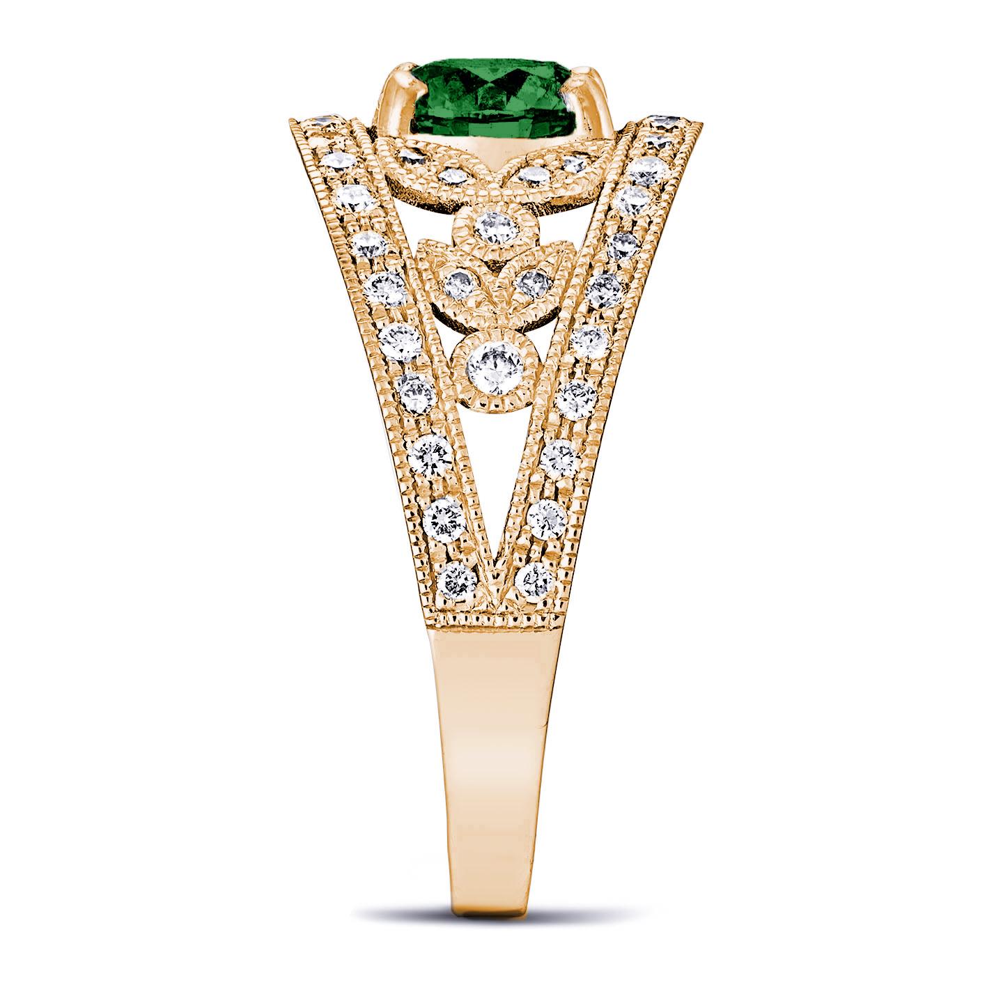 For Sale:  18k Yellow Gold Laurel Leaf Design 0.85 Ct Vivid Green Emerald Ring with Diamond 2