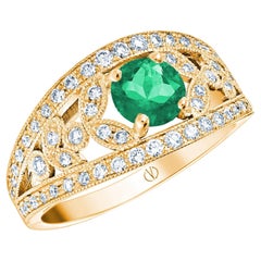 18k Yellow Gold Laurel Leaf Design 0.85 Ct Vivid Green Emerald Ring with Diamond