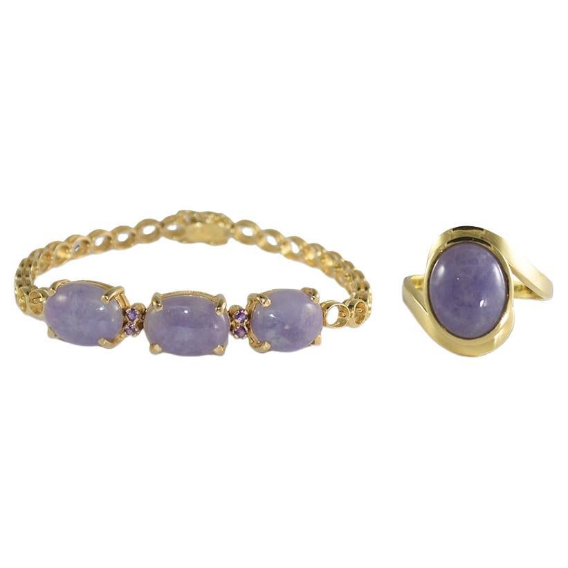 18K Yellow Gold Lavender Jade Bracelet and Ring Set