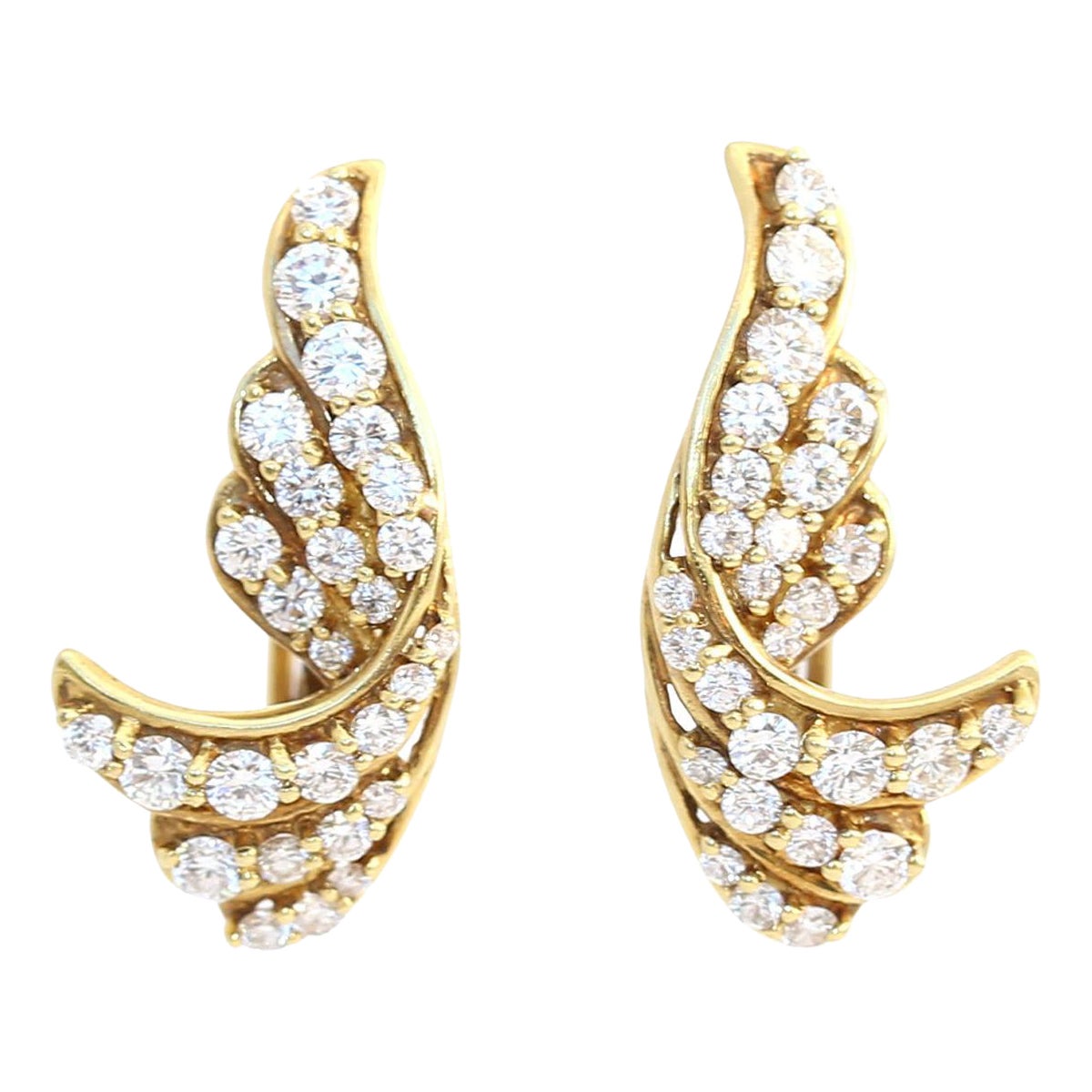 18K Yellow Gold Leaf Design Diamond Earclips, 4.3 Carats, 1970