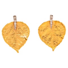 Retro 18K Yellow Gold Leaf-Form Earrings