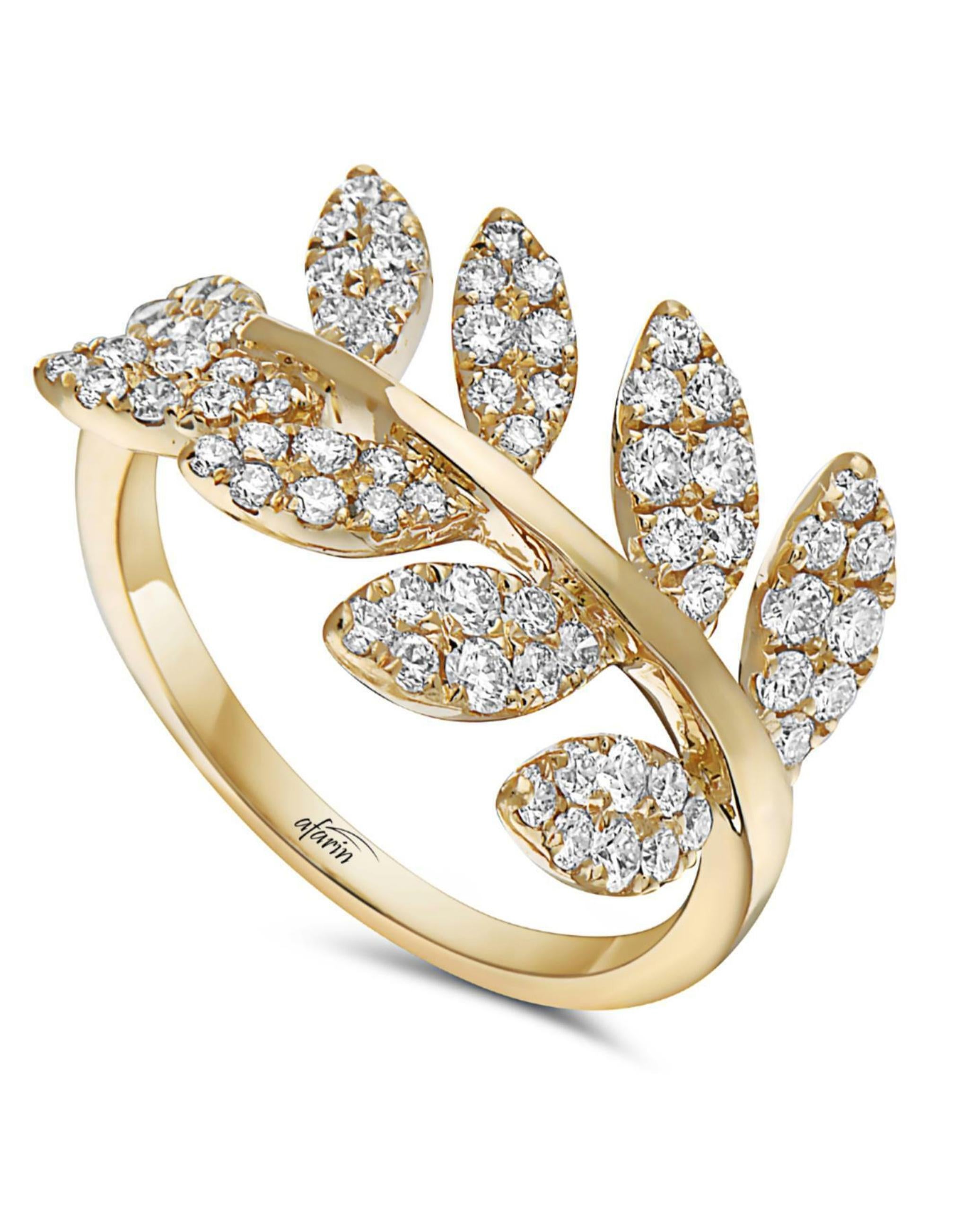 18K yellow gold leaf ring furnished with round brilliant-cut diamonds weighing 0.92 carats total: G color, VS2/SI1 clarity.

- Finger size 6.5 (can be sized)