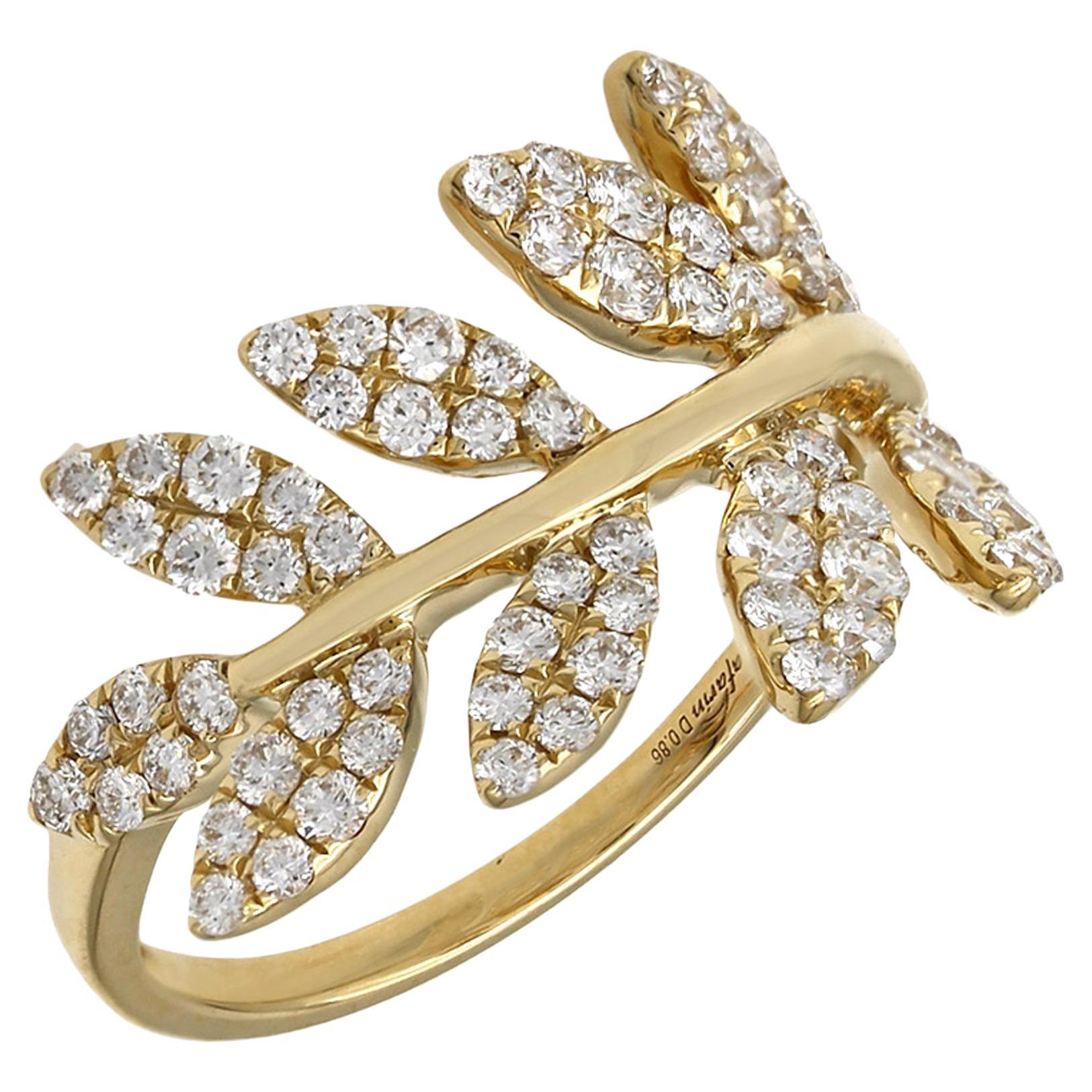 18K Yellow Gold Leaf Ring with Diamonds For Sale