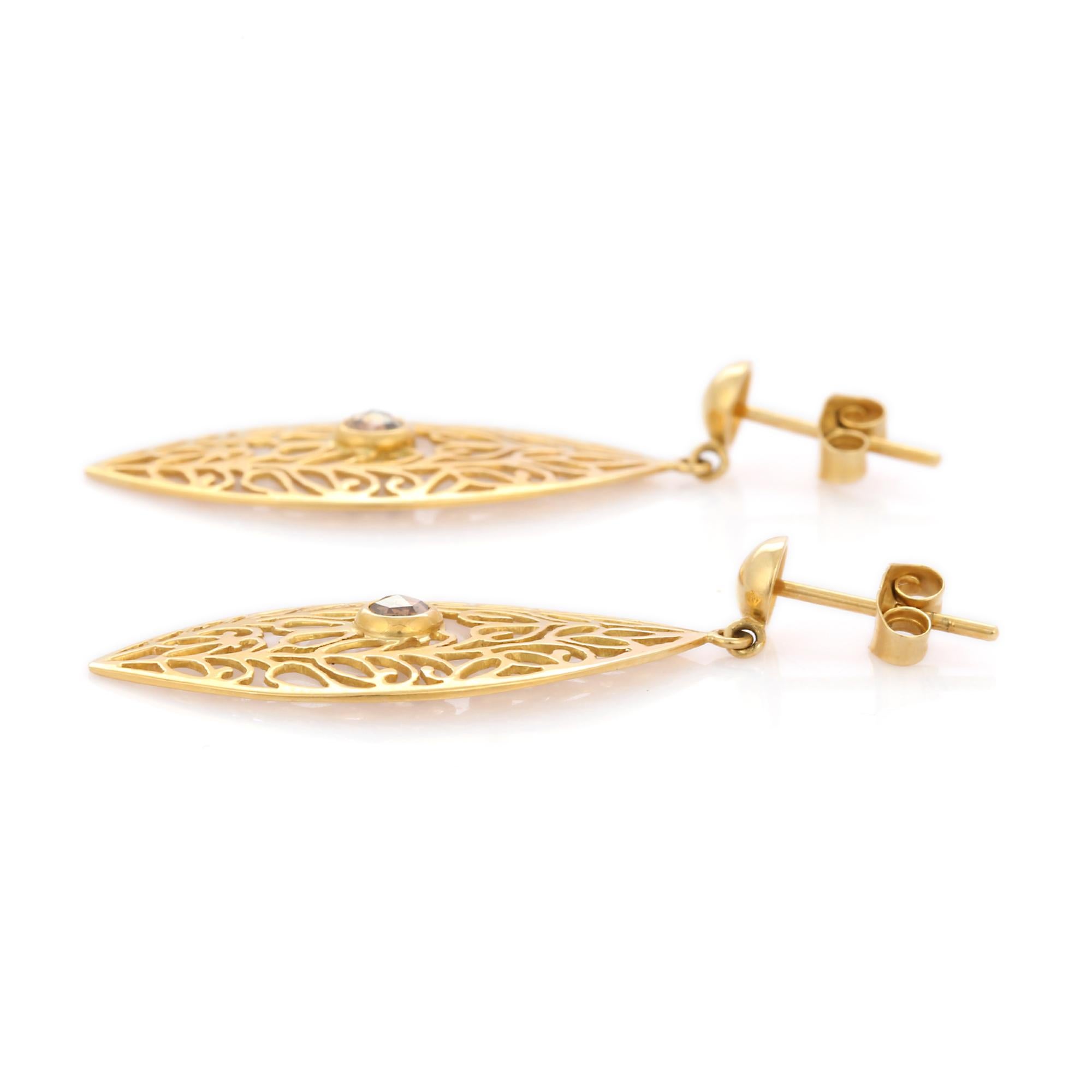 Art Deco 18K Yellow Gold Filigree Leaf Diamond Dangle Earrings For Sale