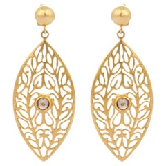 18K Yellow Gold Filigree Leaf Diamond Dangle Earrings