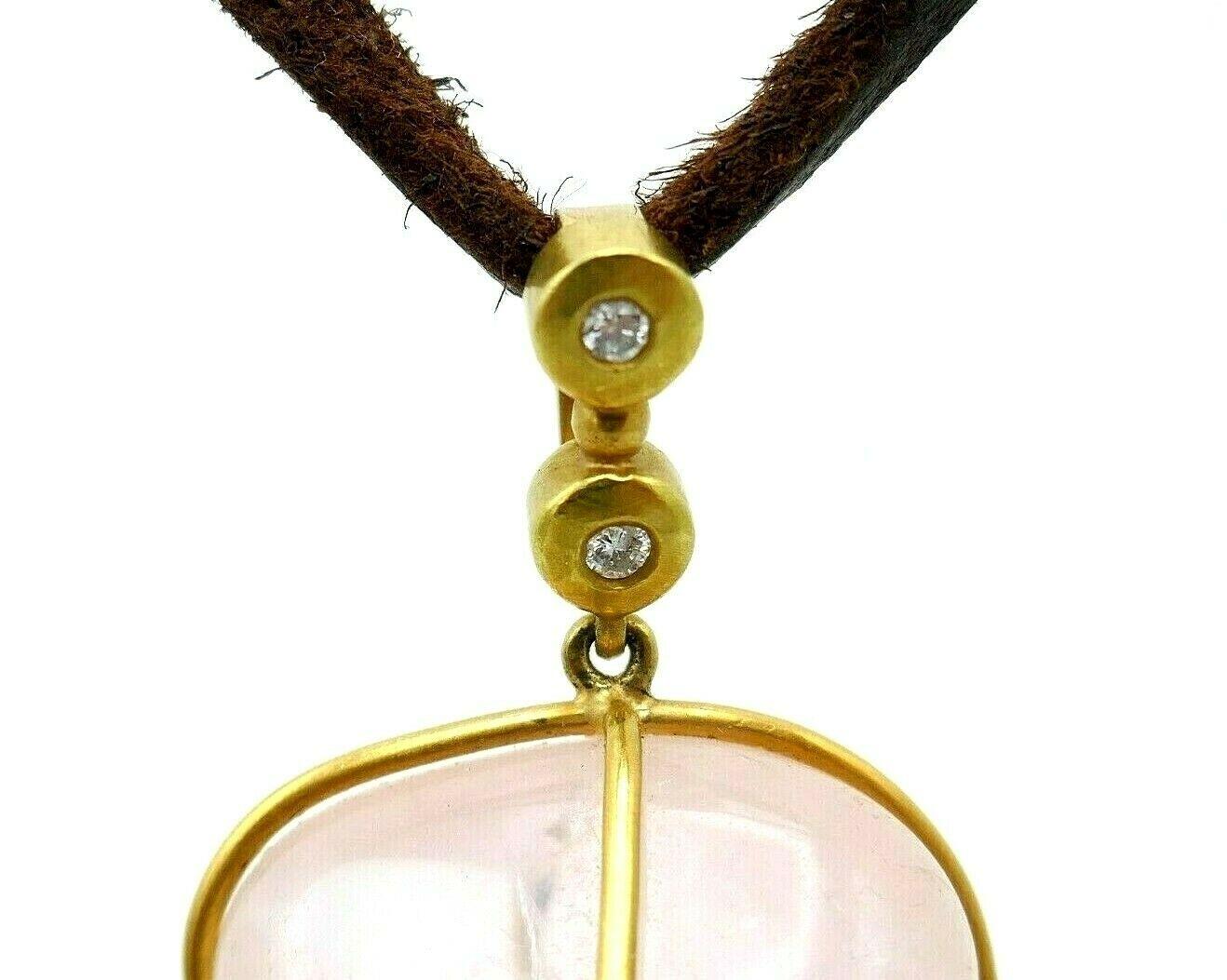 Women's or Men's 18 Karat Yellow Gold Leather Rose Quartz Diamond Pendant Necklace