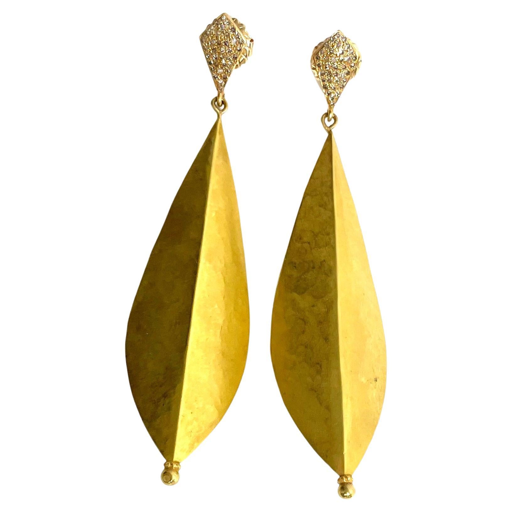 18k Yellow Gold Leaves with Pave Diamonds Earrings For Sale