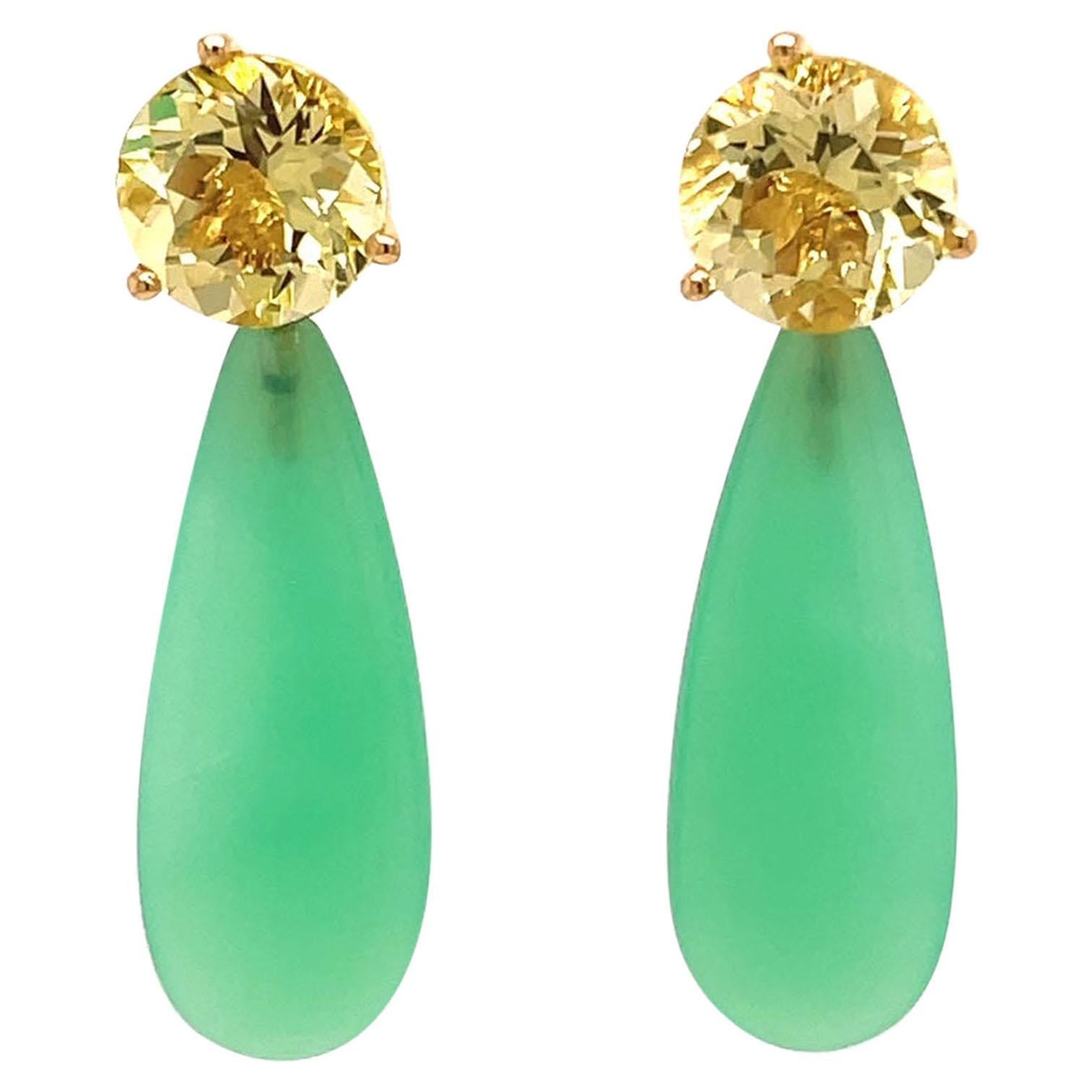 18k Yellow Gold Lemon Quartz Studs with Chrysophrase Briolette Jackets For Sale