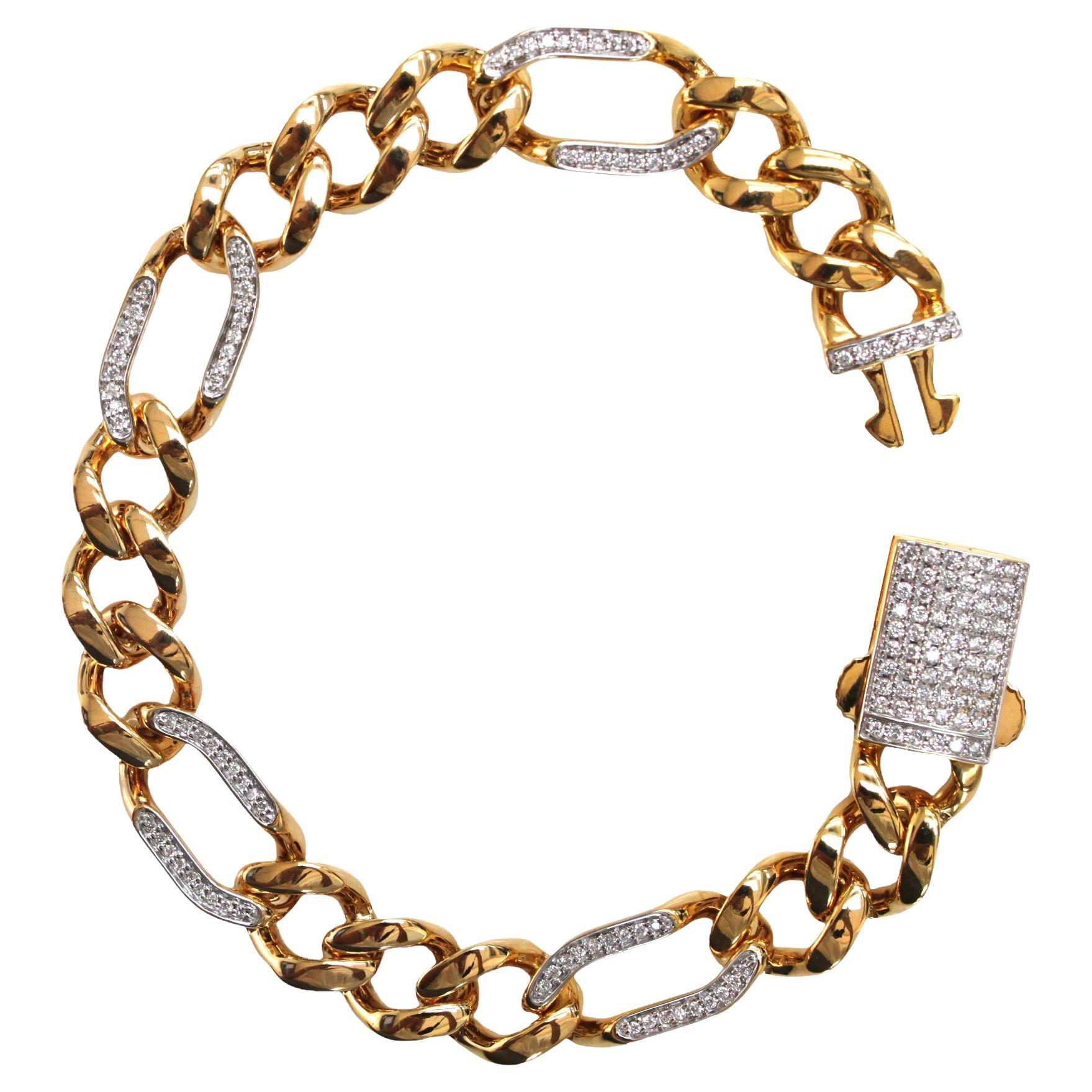 18K Yellow Gold Lightweight Cuban Link Bracelet for Men with Natural Diamonds For Sale